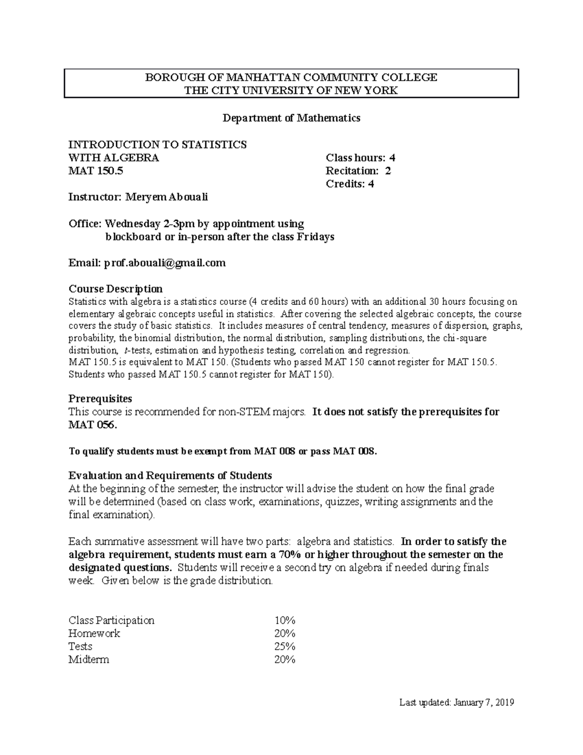 MAT 150.5 Intro to Statistics with Algebra Syllabus 2022 - Studocu
