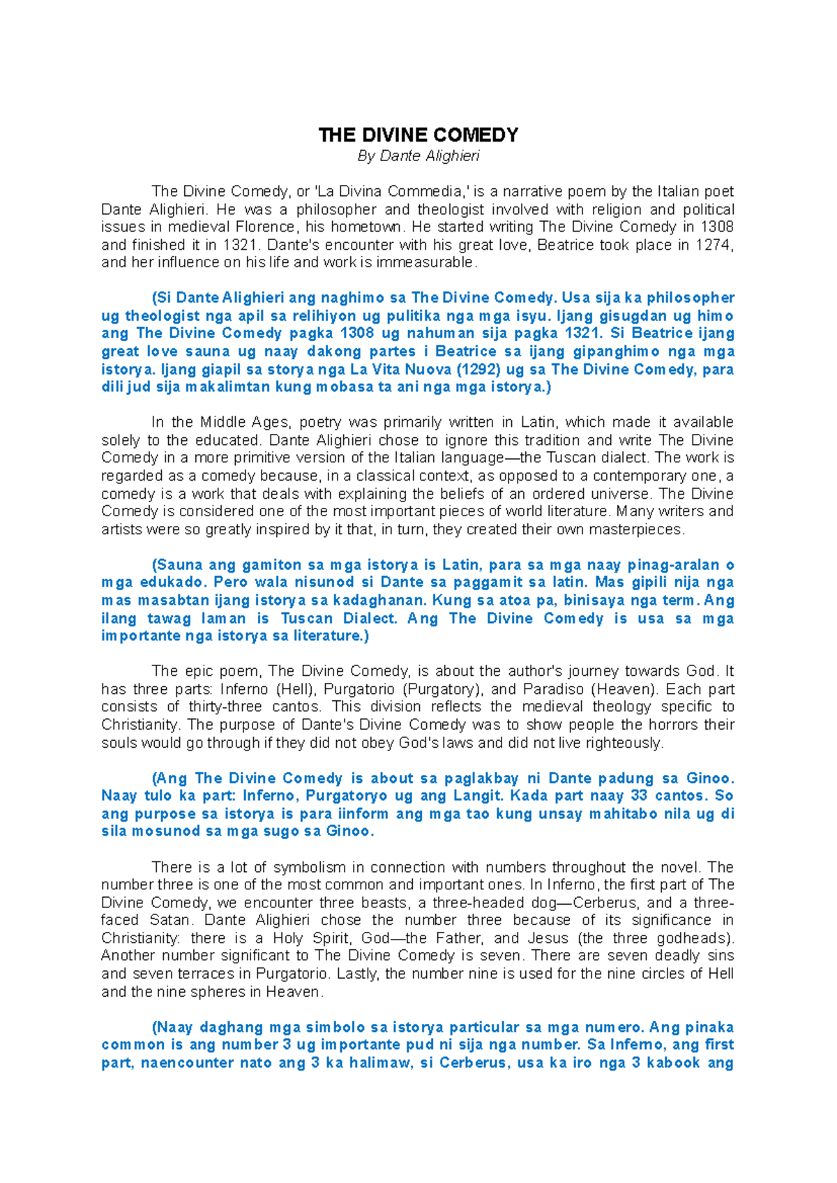 THE Divine Comedy (Course Code: ENG 102) - Comprehensive Notes - Studocu