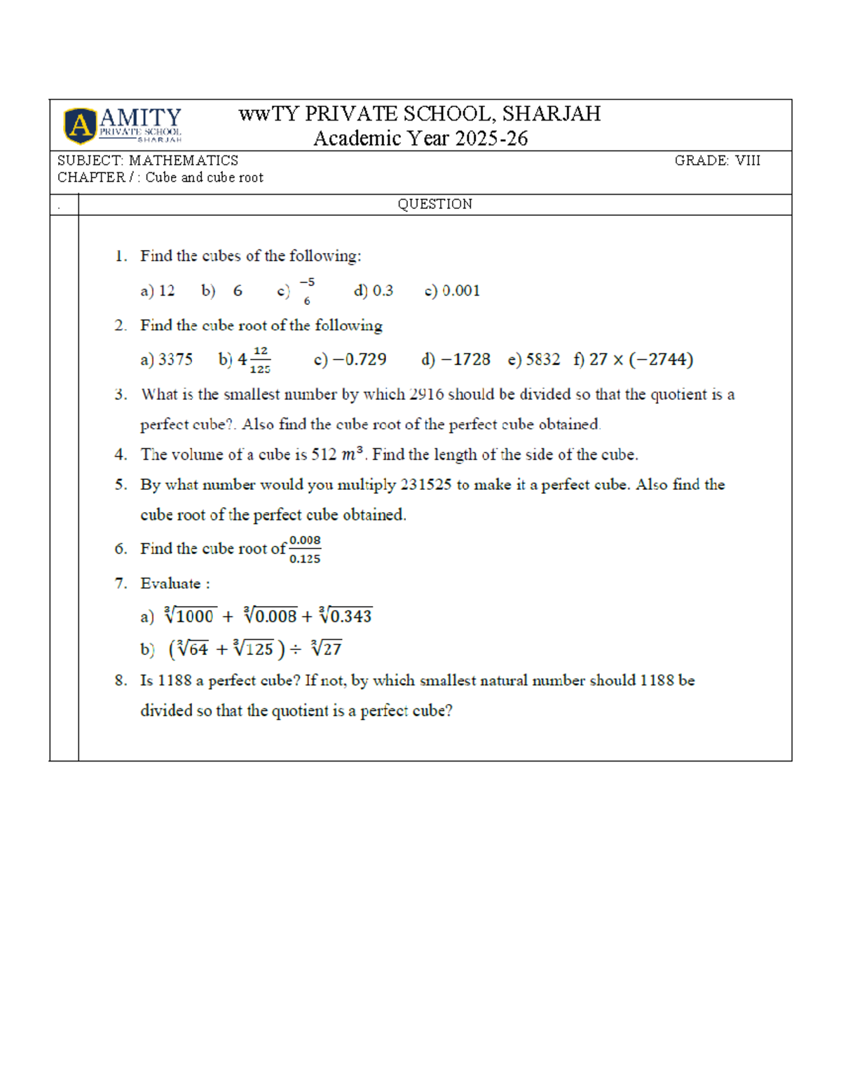 WS G8 - Cube and cuberoot - Business Mathematics - wwTY PRIVATE SCHOOL ...