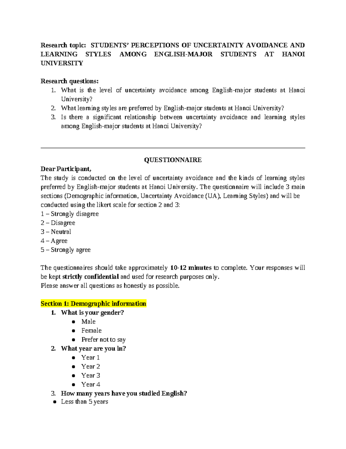 Khóa luận tốt nghiệp: Uncertainty Avoidance & Learning Styles at HNU ...