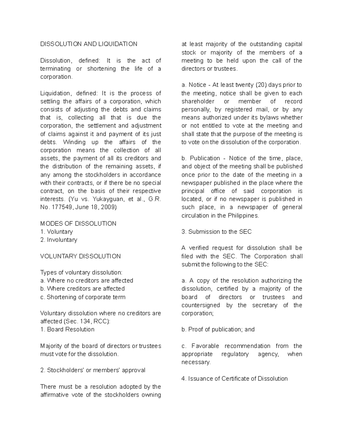 Business Law and Regulations: Dissolution and Liquidation Notes - Studocu