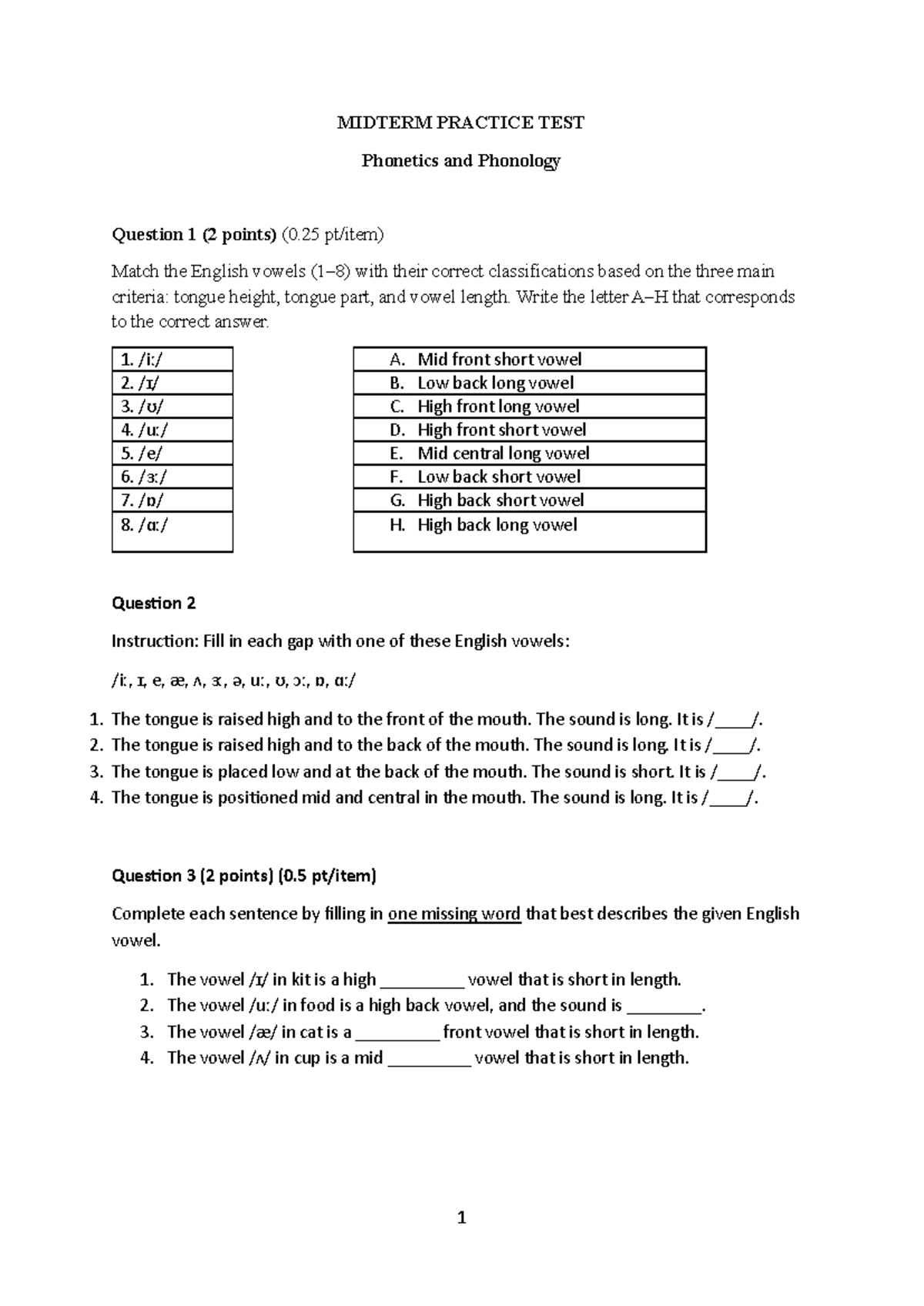MIDTERM PRACTICE TEST: Phonetics & Phonology Analysis - Studocu