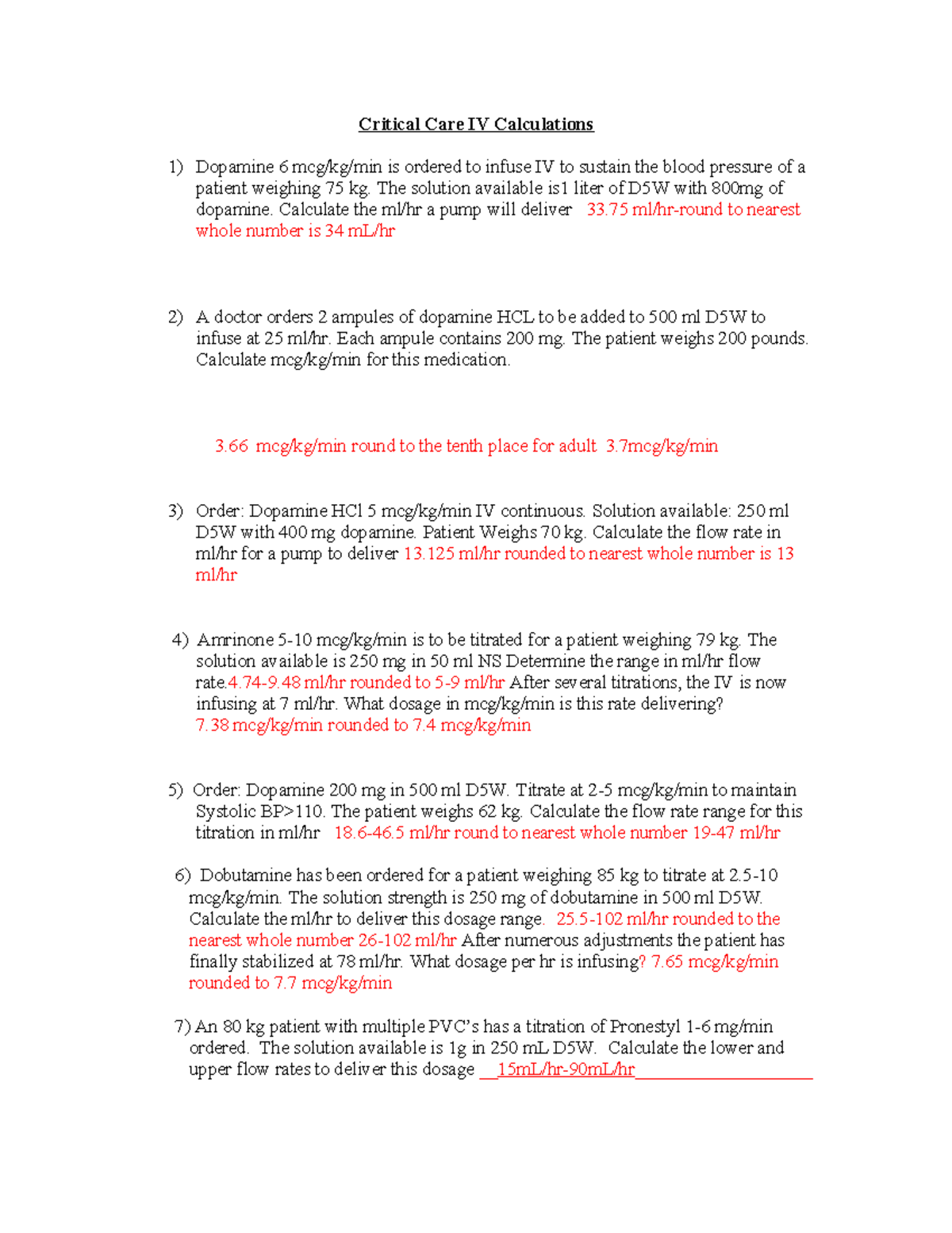 Critical Care IV Calculations Worksheet (Final Exam) - Studocu