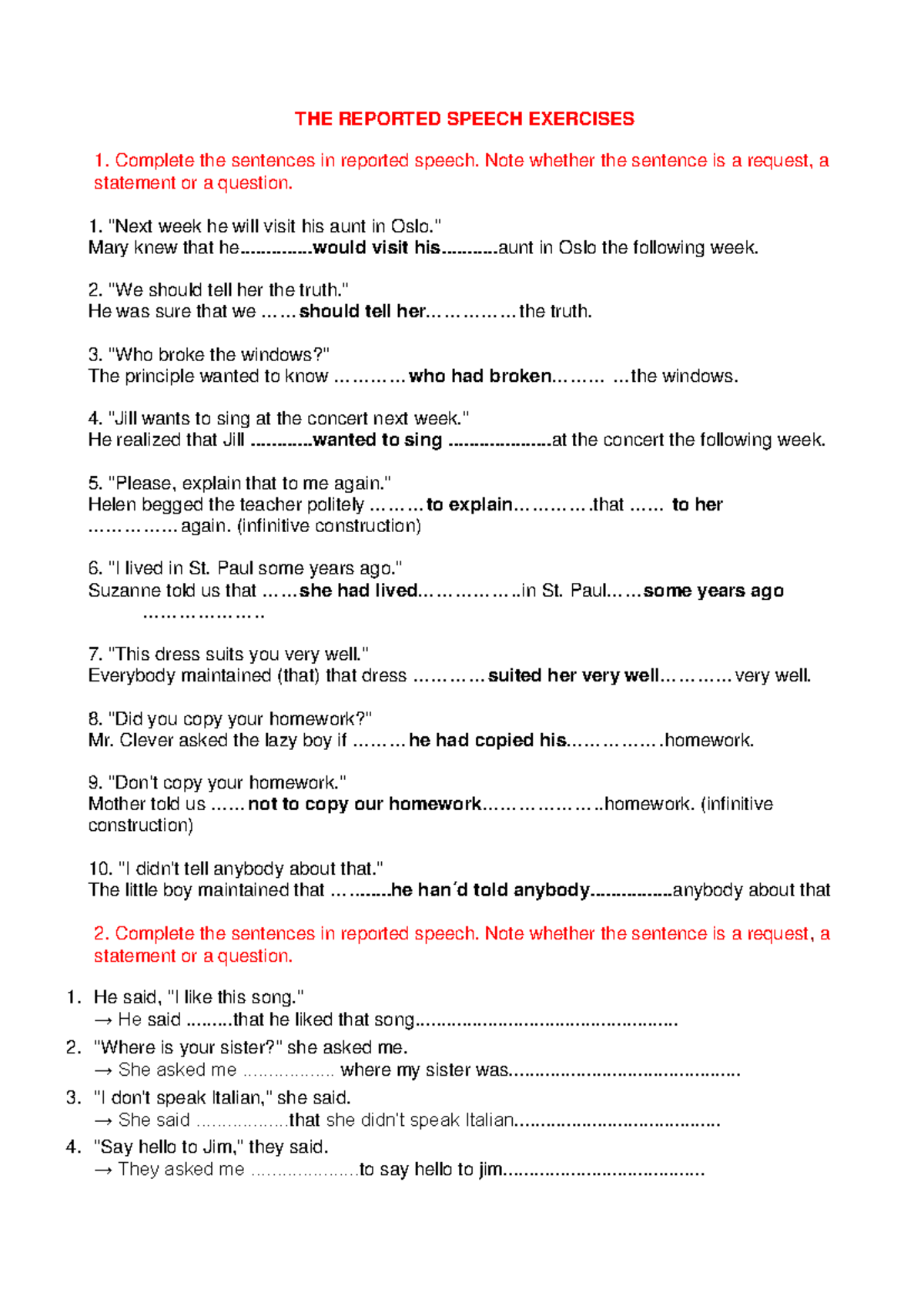 Reported Speech Exercises (ENG 101) - Studocu