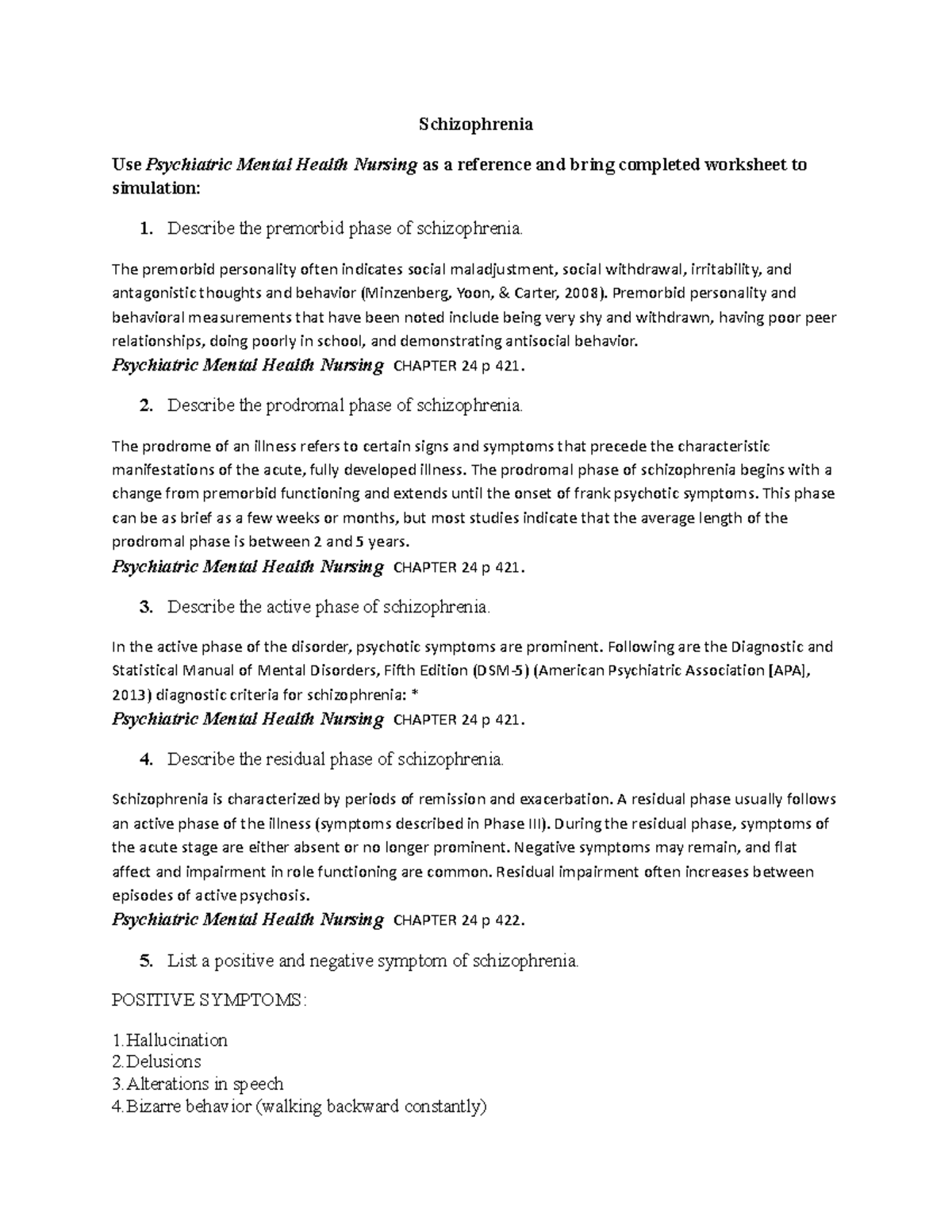 Psychiatric Nursing: Schizophrenia Simulation Worksheet (MHN 201) - Studocu