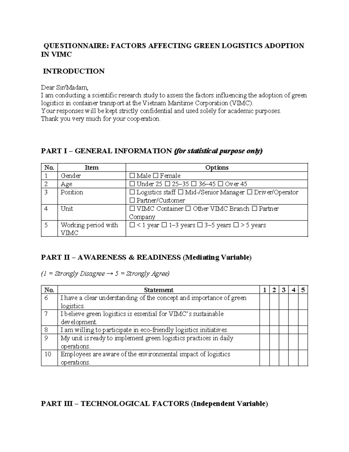 Questionnaire: Factors Influencing Green Logistics Adoption in VIMC ...