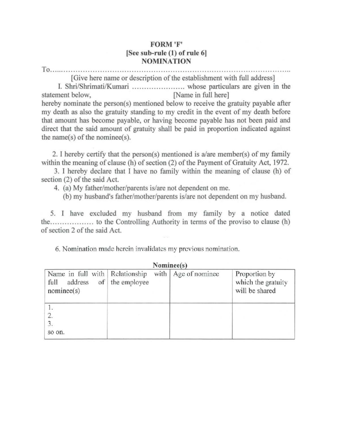 Form F Nomination for Gratuity - Statutory Compliance Guide - Studocu