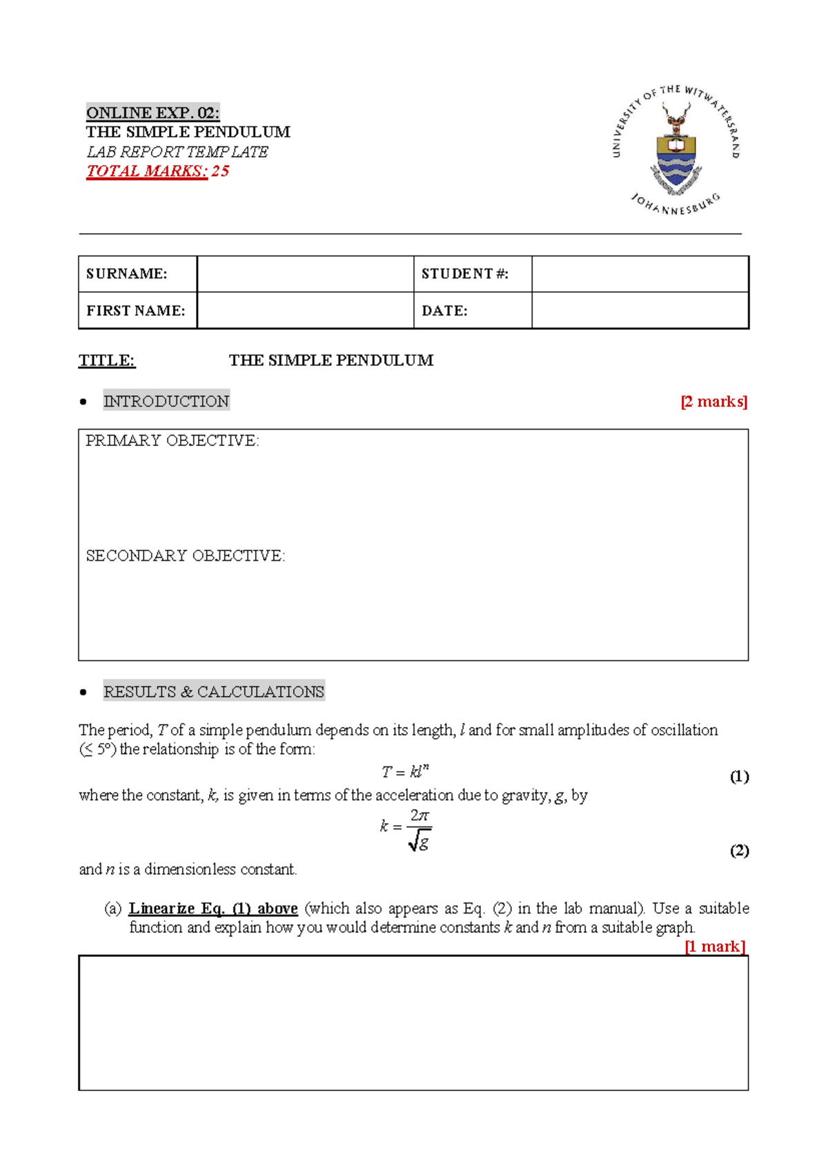 Online Exp02 - Simple Pendulum - Lab Report Template - ONLINE EXP. 02 ...