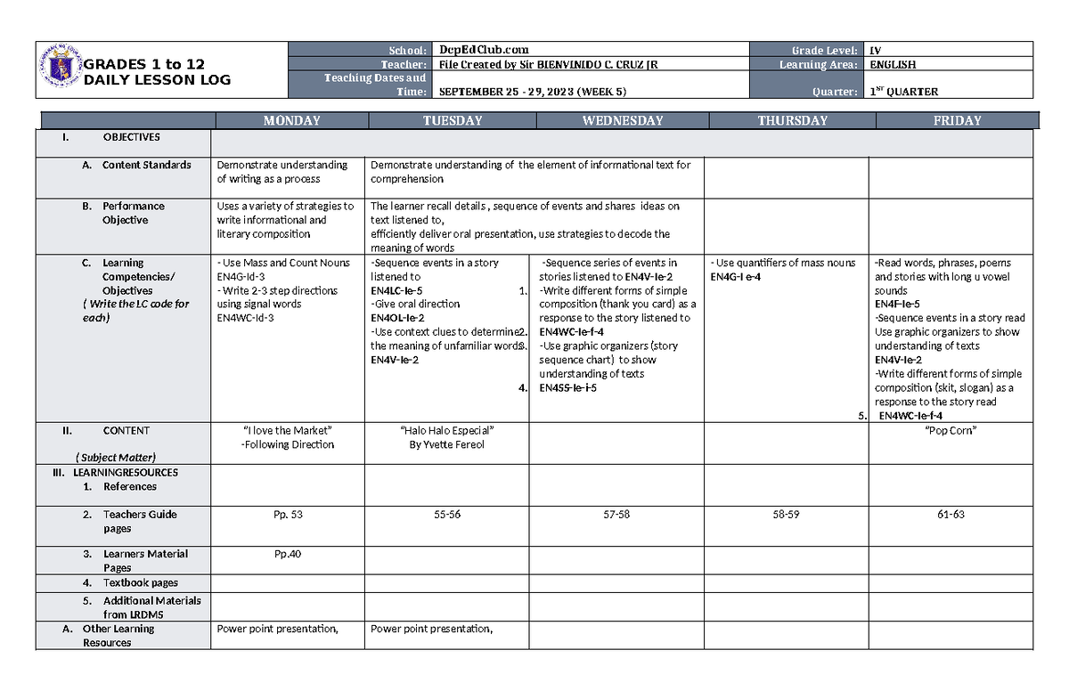 DLL English 4 Q1 W5 - GRADES 1 to 12 DAILY LESSON LOG School: DepEdClub ...