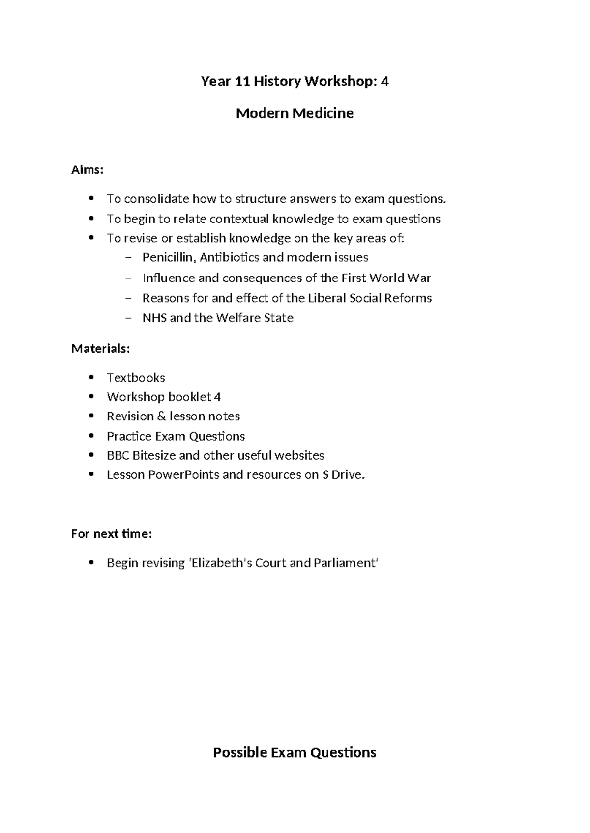 C32 D385 Year 11 History Workshop: Modern Medicine Exam Prep - Studocu