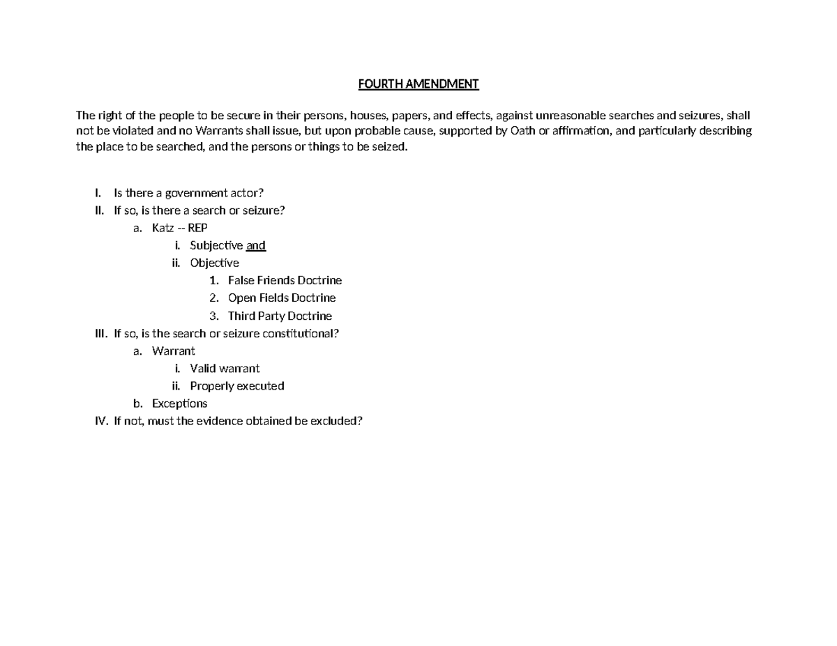 Fourth Amendment: Lecture Notes on Search and Seizure Principles - Studocu