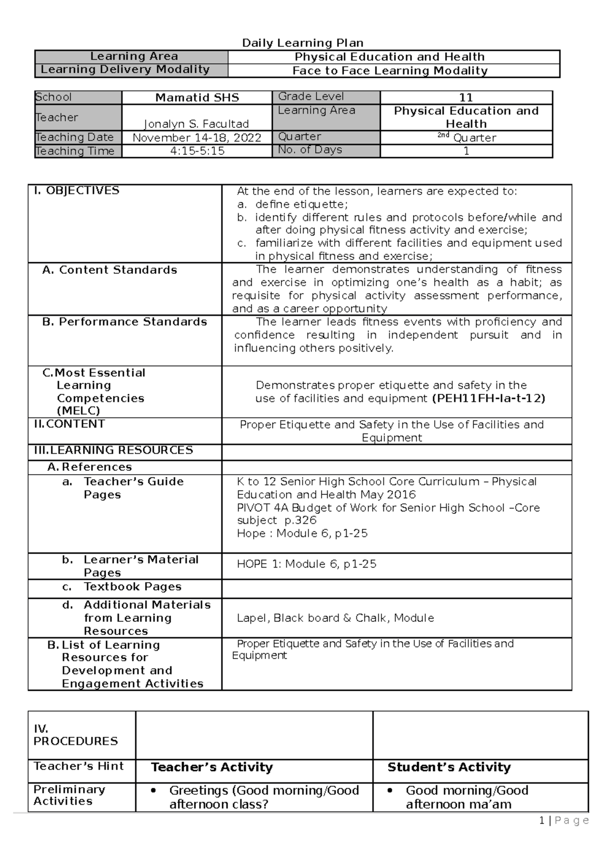 DLP-PE-11 Week 2 - Learning Plan on Proper Etiquette in PE and Health ...