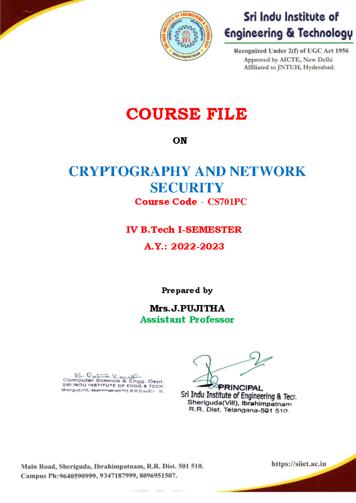 CS701PC: Course File on Cryptography and Network Security - Studocu