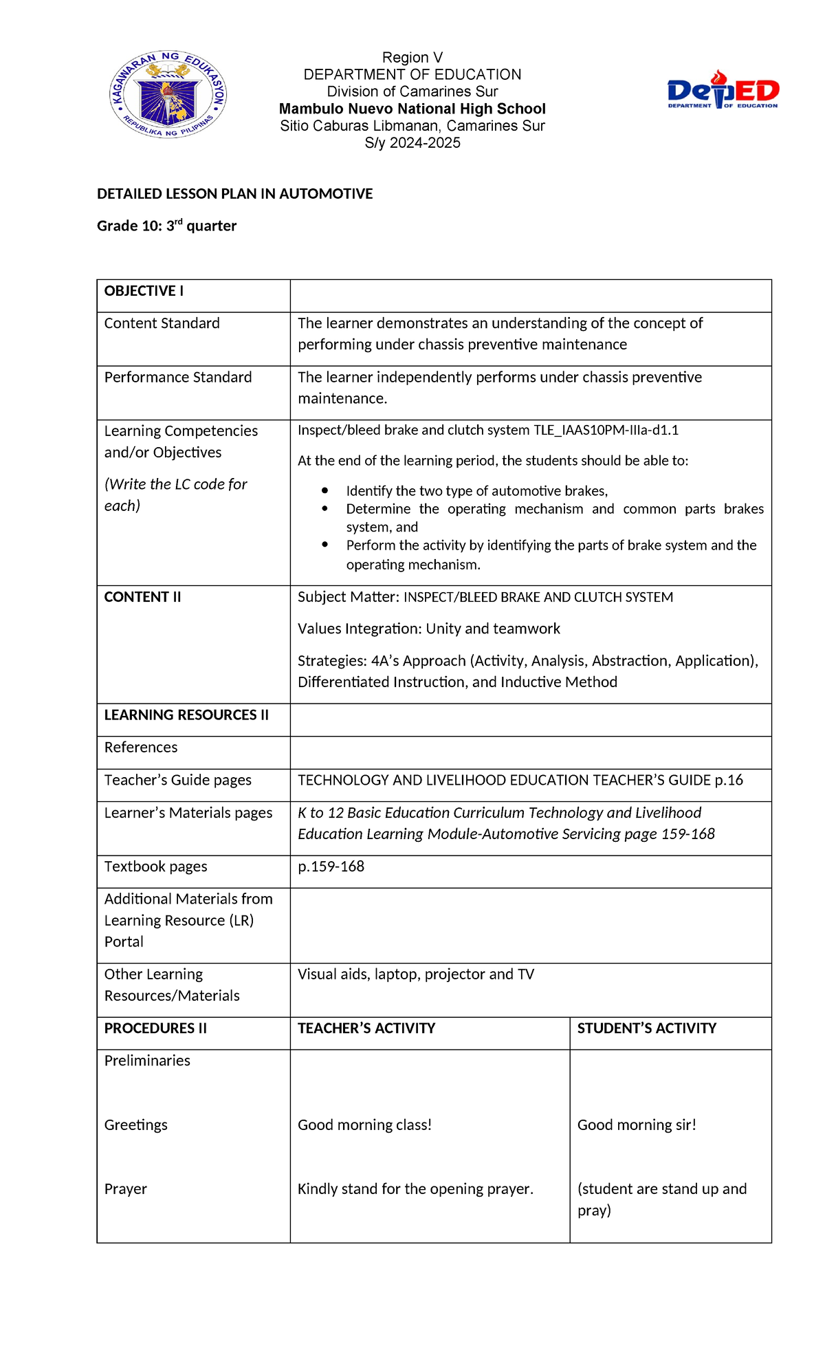 Detailed Lesson Plan: Automotive Under Chassis Maintenance for G10 ...