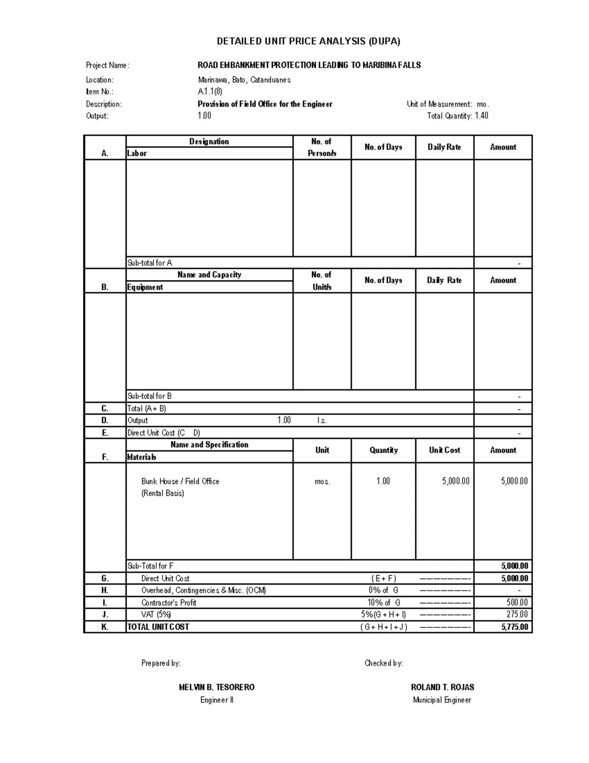 DETAILED UNIT PRICE ANALYSIS (DUPA) for Cagraray Birthing Facility ...