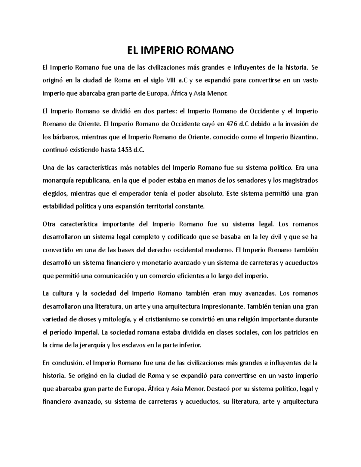 Resumen del Imperio Romano: Historia y Legado Cultural - Studocu