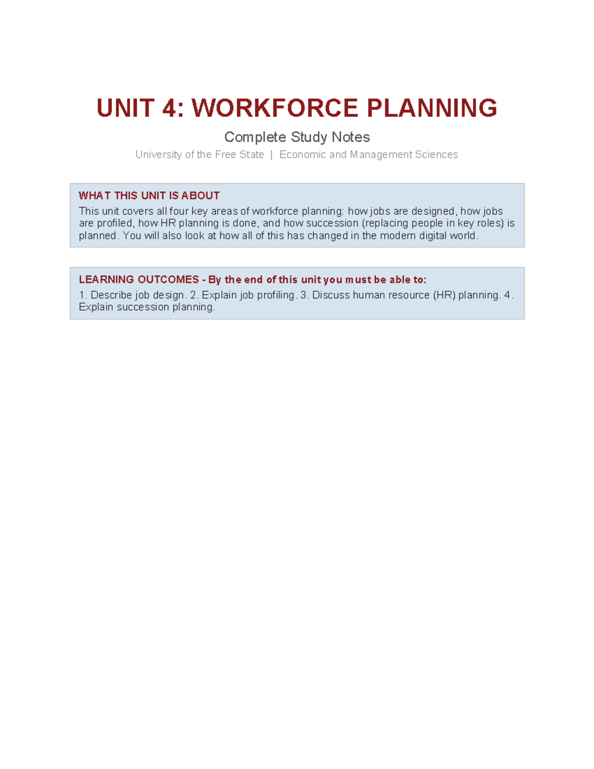 Unit 4: Workforce Planning Study Notes (UFS EMS) - Studocu