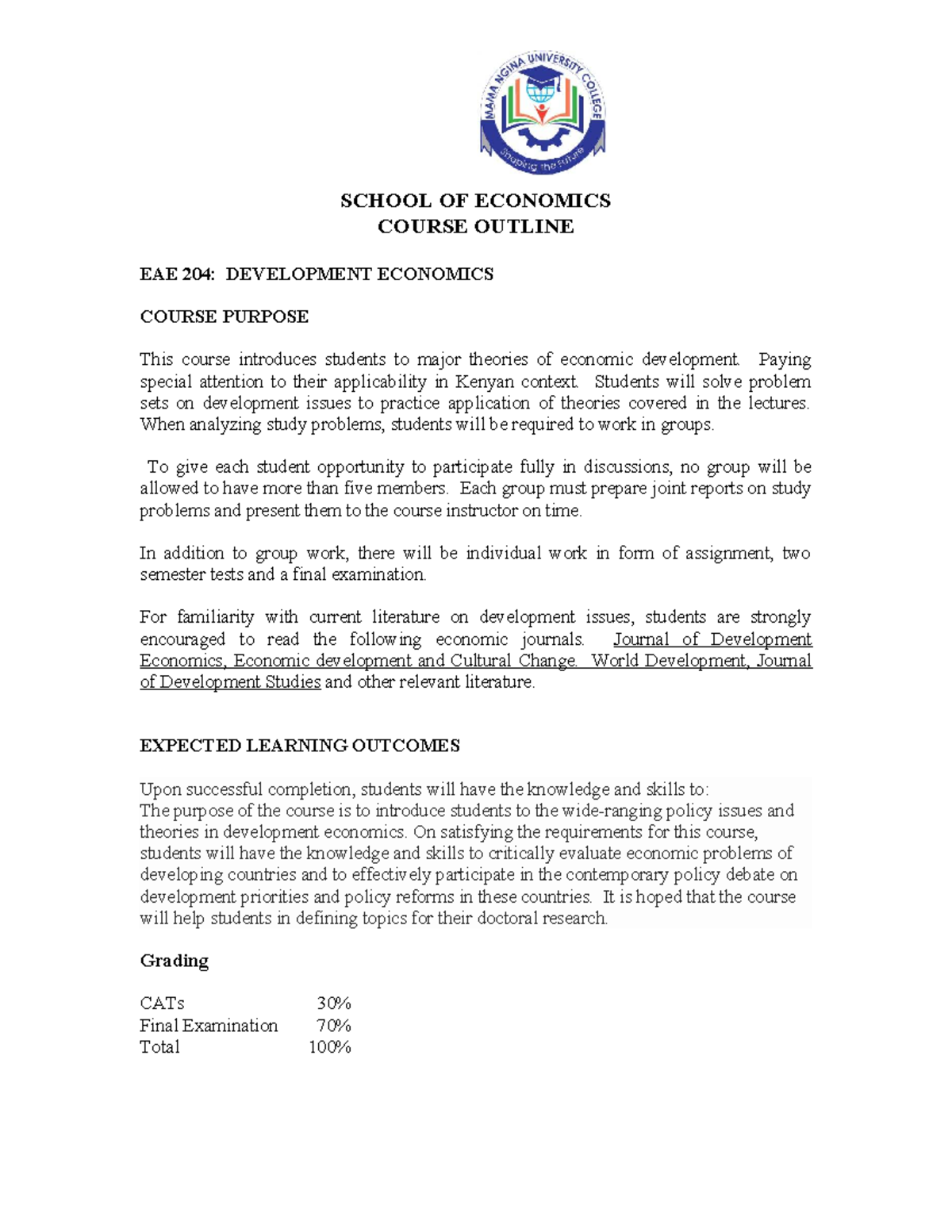 EAE 204: Development Economics Course Outline and Key Concepts - Studocu