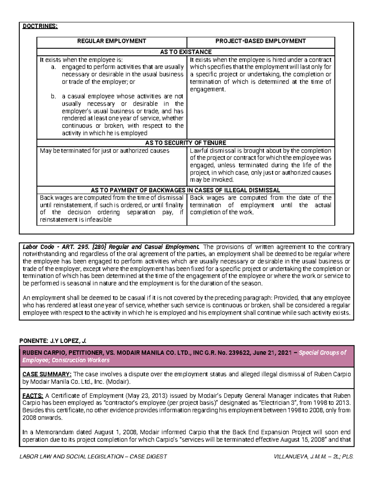 G.R. No. 239622: Ruben Carpio vs. Modair Manila Co., LTD - Employment Status Analysis - Document Preview