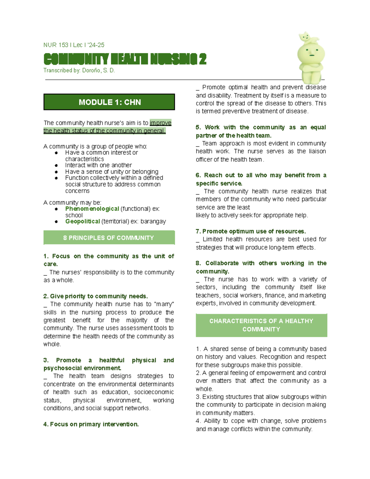 CHN LEC - Community Health Nursing 2 Important Lecture Notes - Studocu