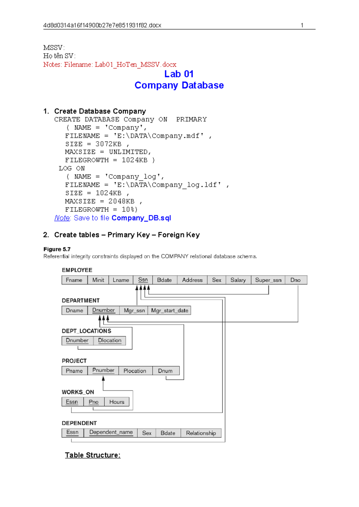DB Lab01: Company Database Creation and Structure Notes - Studocu