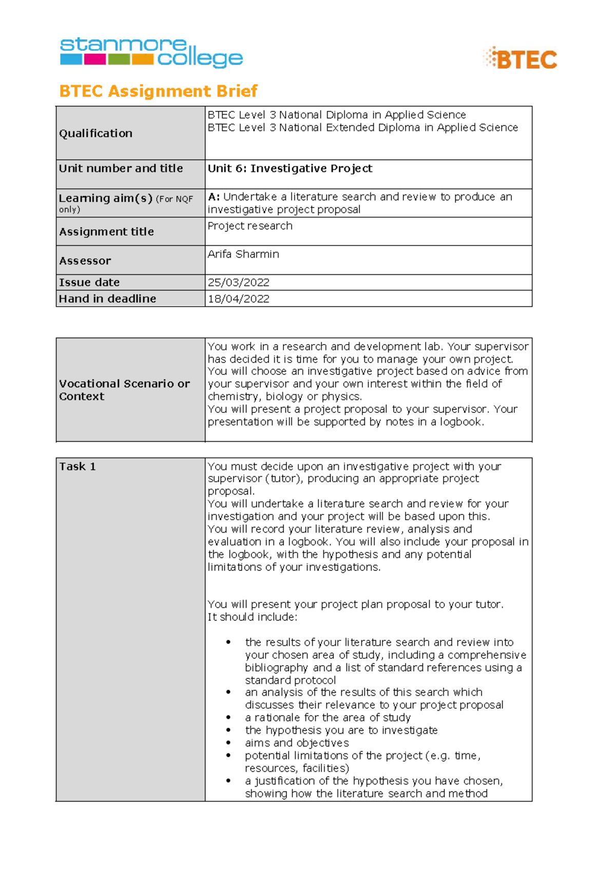 BTEC Level 3 Unit 6 Investigative Project Proposal Guidelines - Studocu