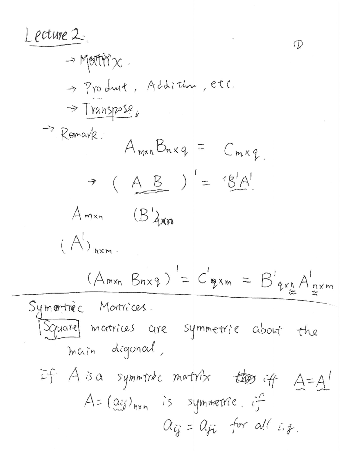 Lecture 2 - Matrix Operations and Properties in Linear Algebra - Studocu