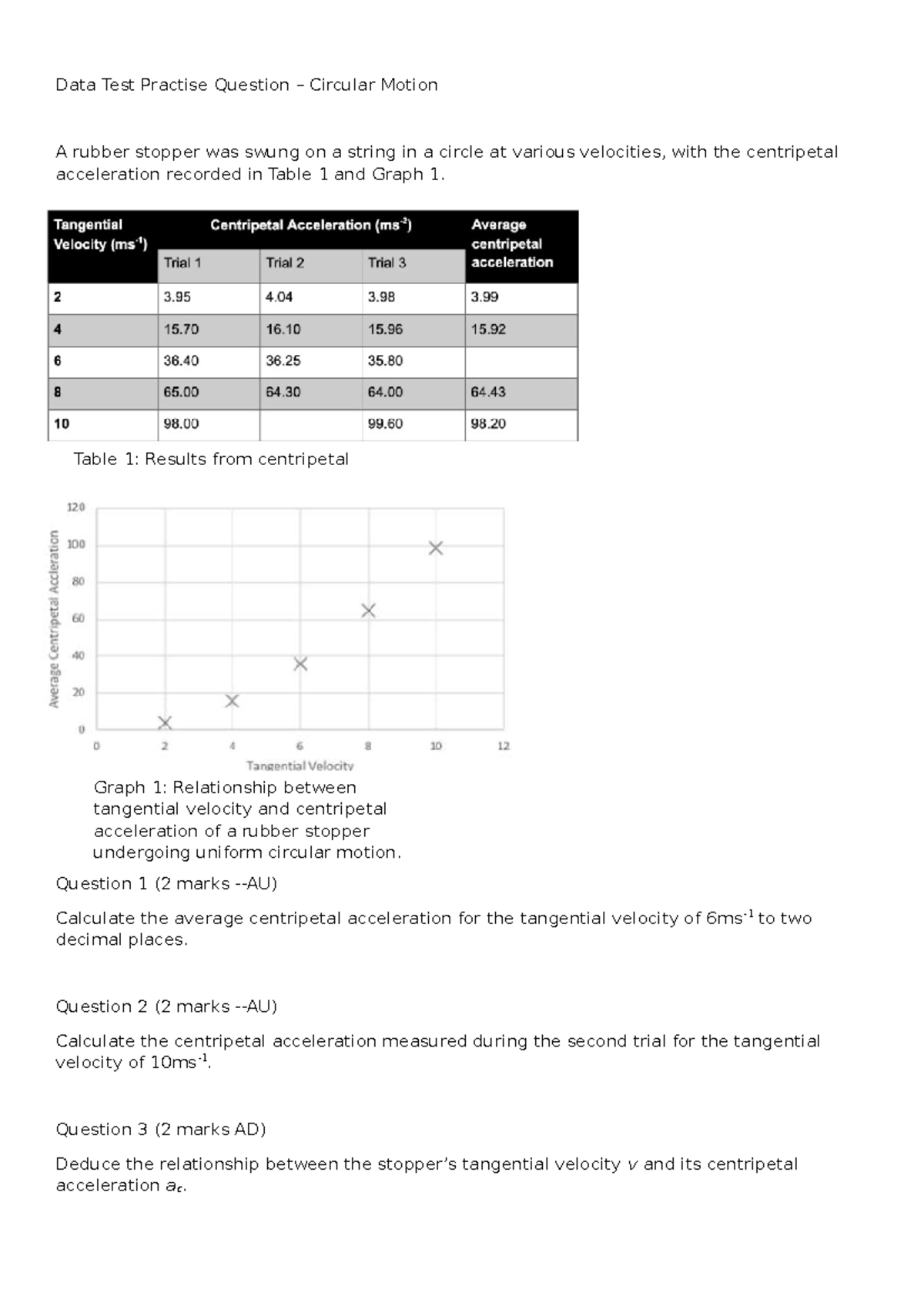 Data Test Practice Questions - Circular Motion (Physics 101) - Studocu