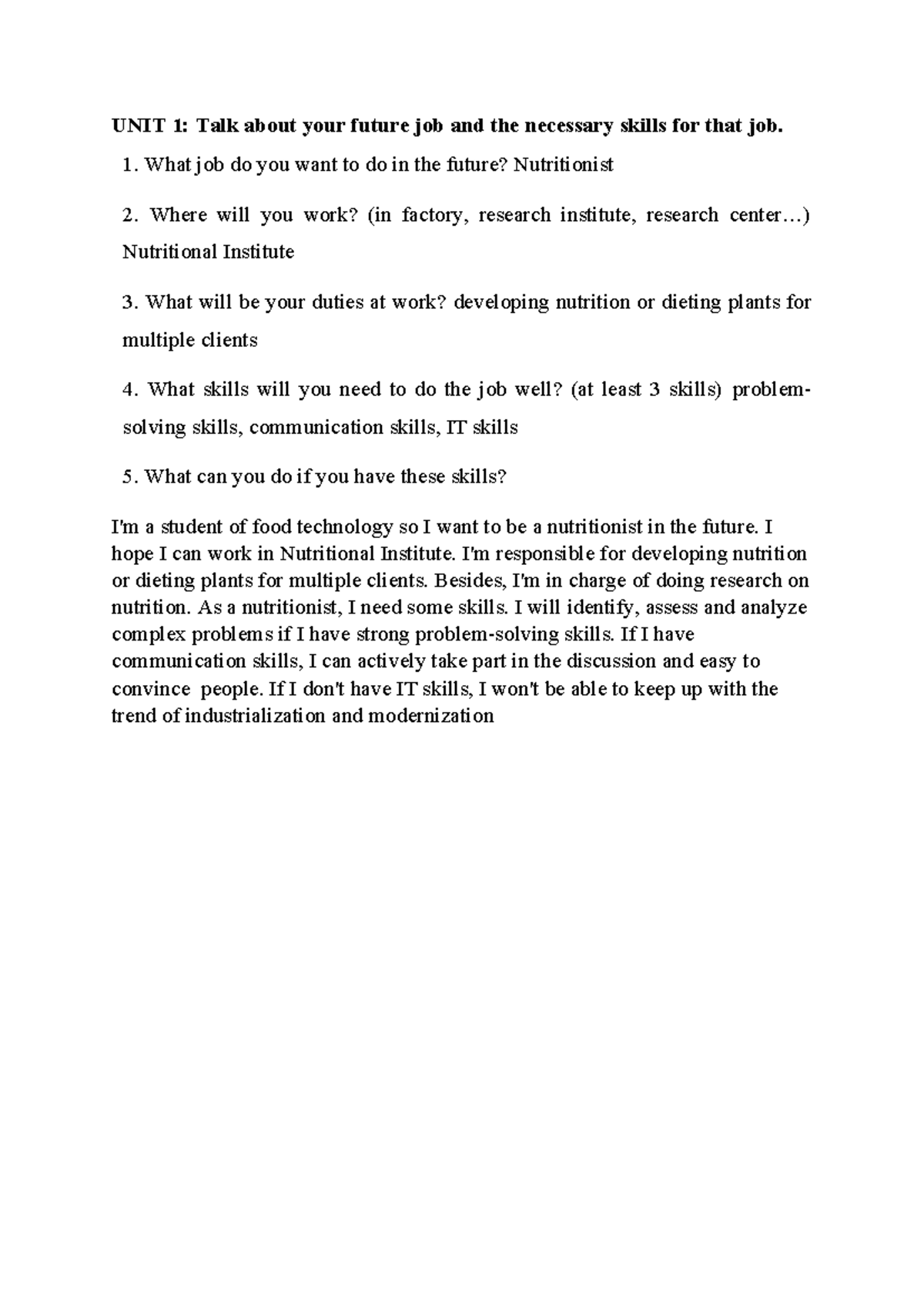 UNIT 1 - Future Job Expectations and Skills for Nutritionists - Studocu