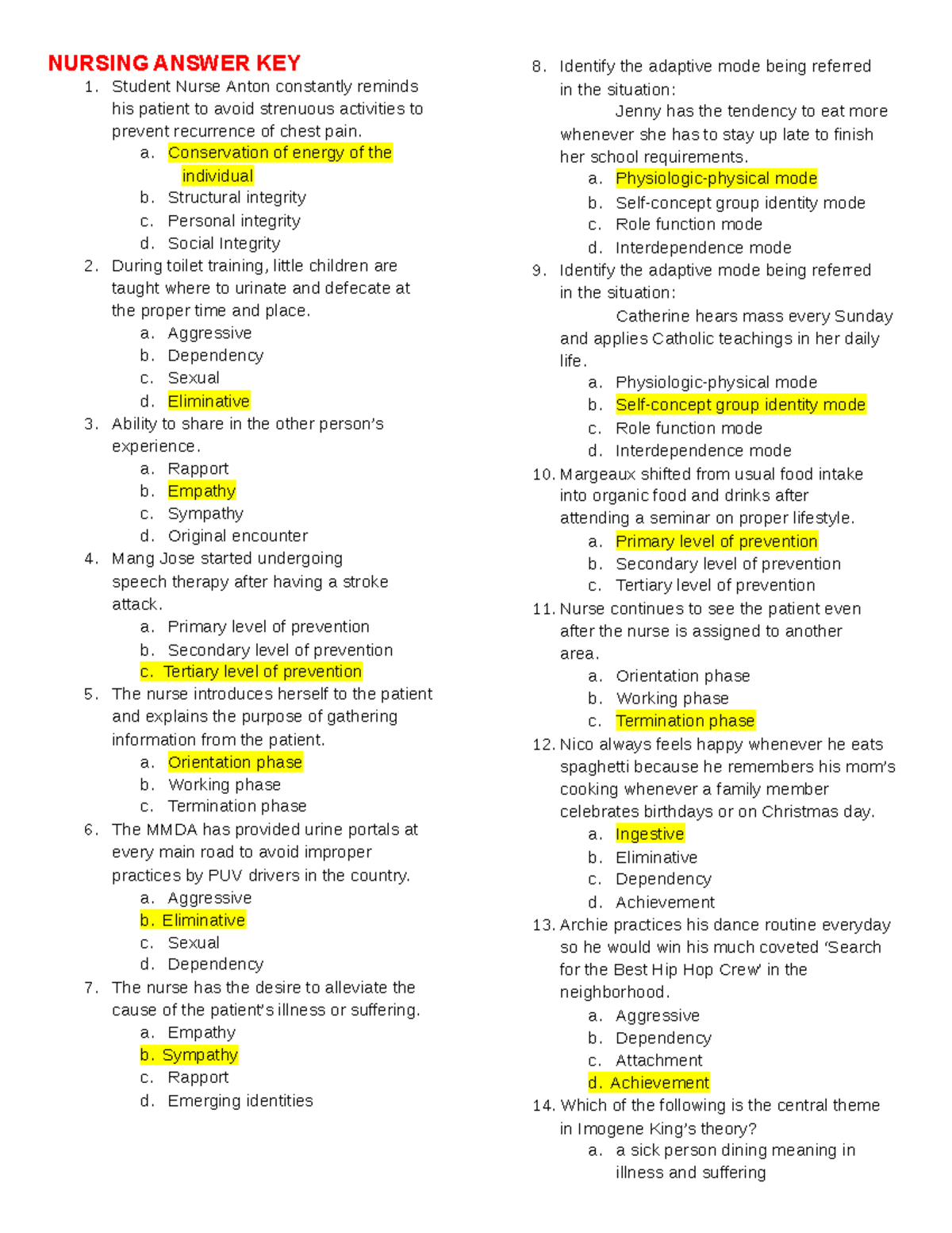 Nursing Course Answer Key 5: Essential Insights for Students - Studocu