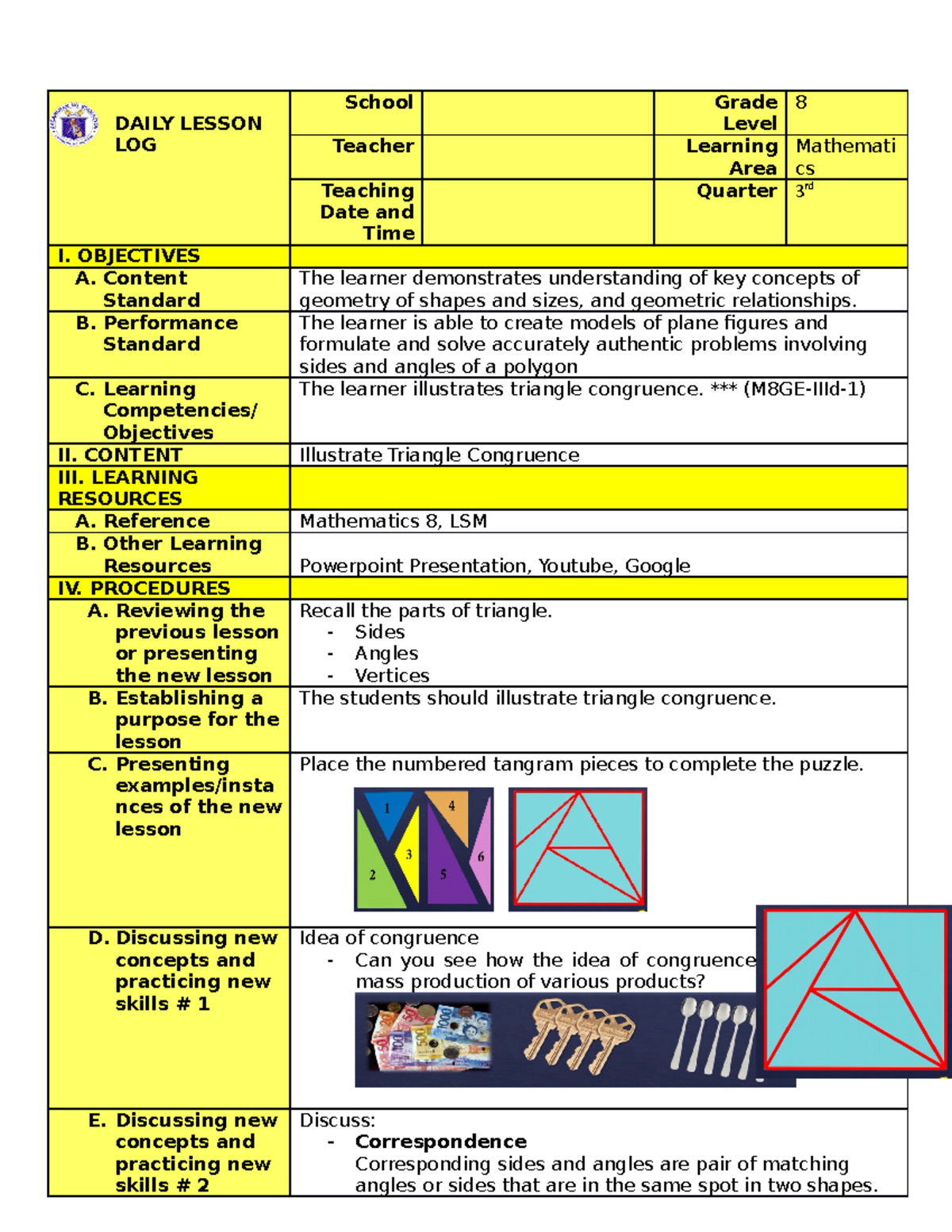Daily Lesson Log - Triangle Congruence - DAILY LESSON LOG School Grade ...
