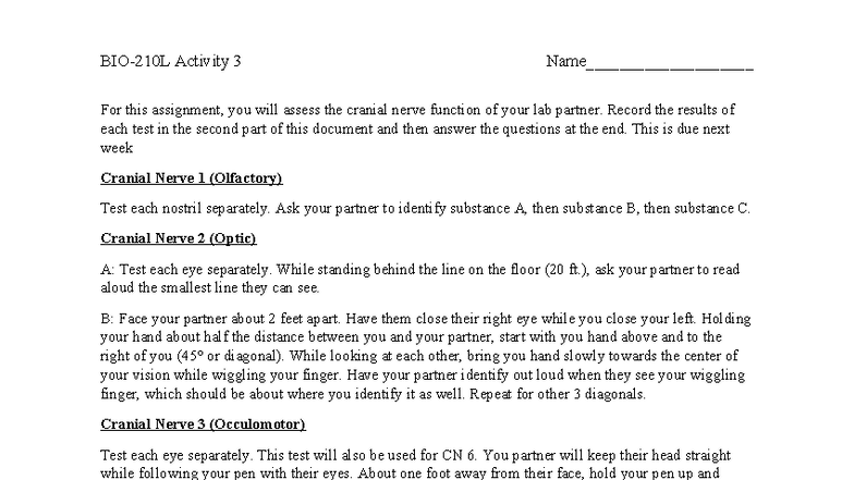 BIO 210L RS Activity 3 - Assessment of Cranial Nerve Function - Studocu