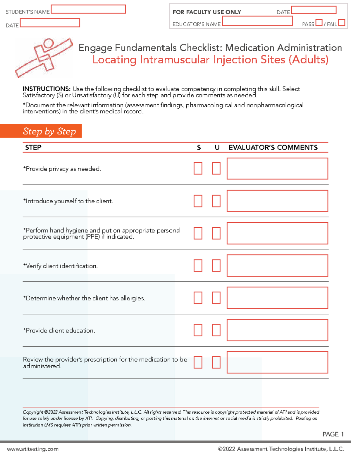 Skills Checklist: Med Admin IM - Intramuscular Injection Competency ...
