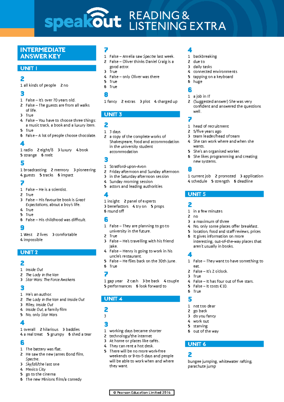 Listening Extra: Intermediate Units 1-10 Answer Key - Studocu