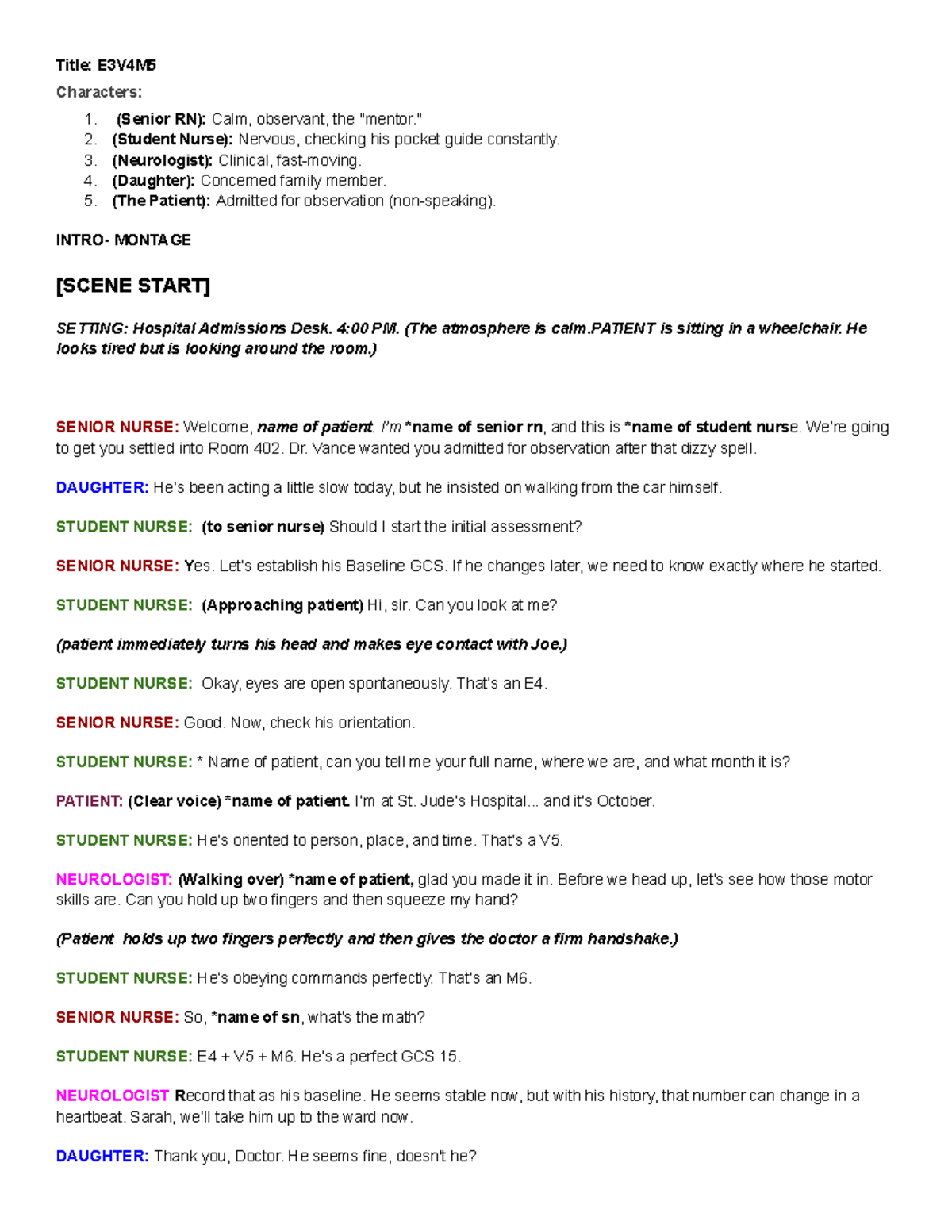 GCS Script Scenario for E3V4M5: Patient Observation in Hospital - Studocu