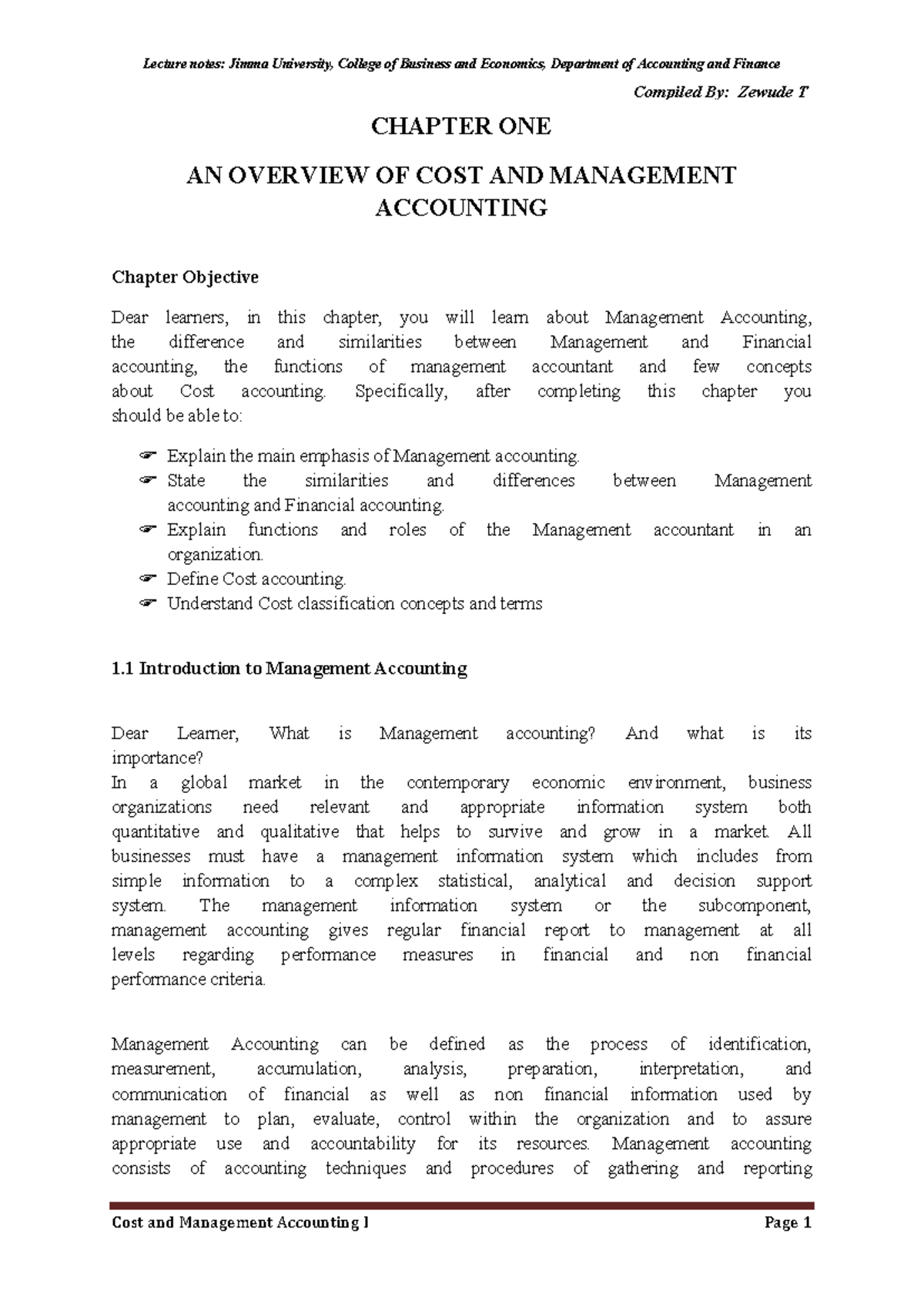 Chapter 1: Overview of Cost & Management Accounting (CMA 101) - Studocu
