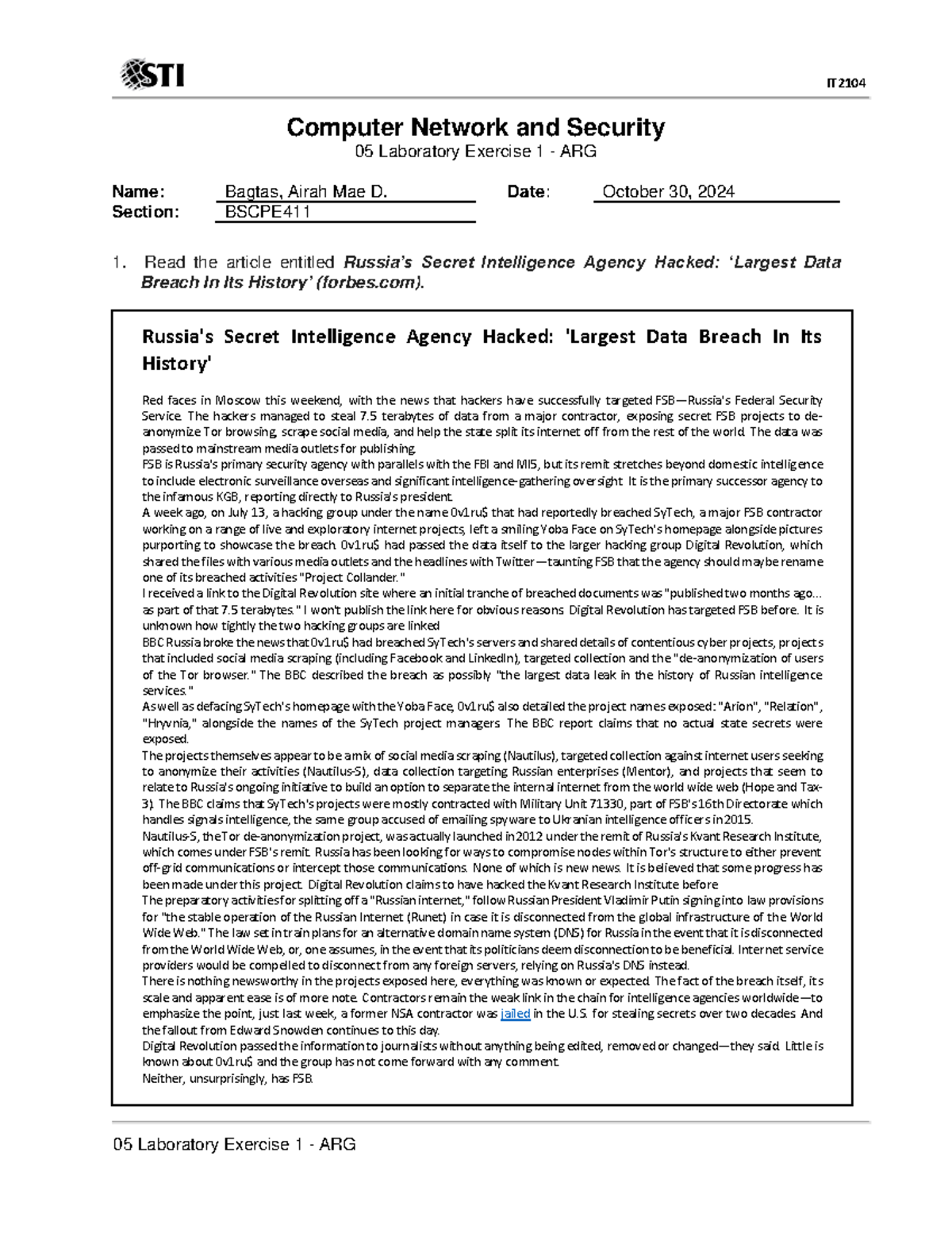 Bagtas Airah BSCPE 411 Lab 5 - Analyzing FSB Data Breach Impact - Studocu