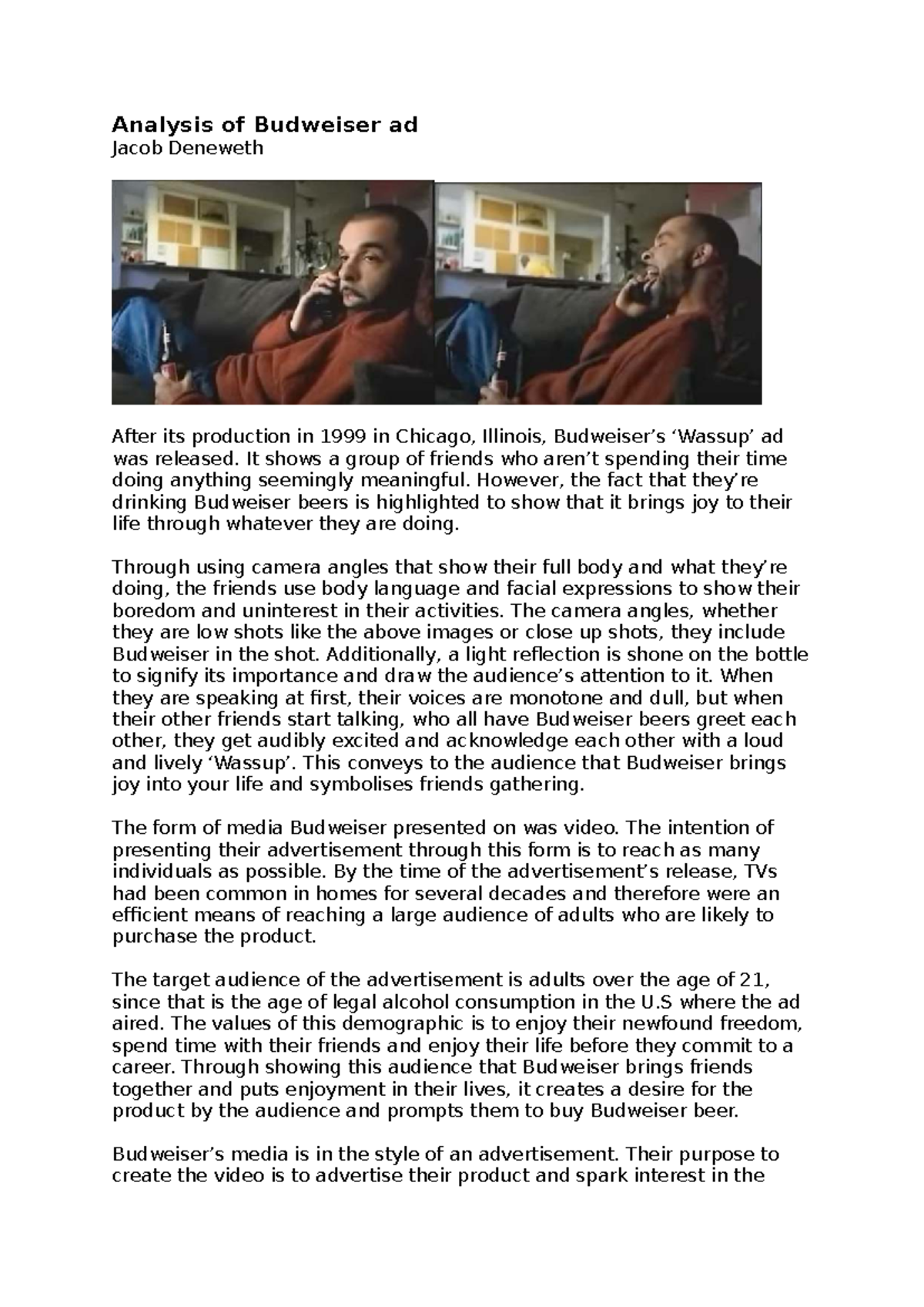 Analysis of Budweiser Ad: Impact on Social Gatherings and Joy - Studocu