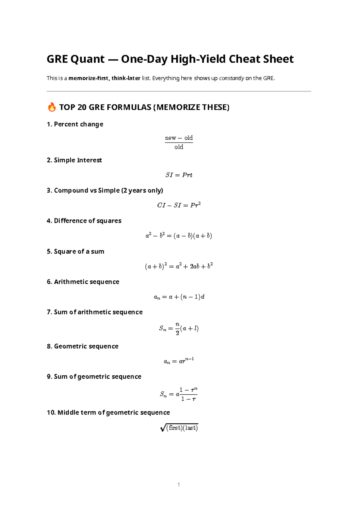 GRE Quant One-Day Cheat Sheet: Top 20 Formulas to Memorize - Studocu