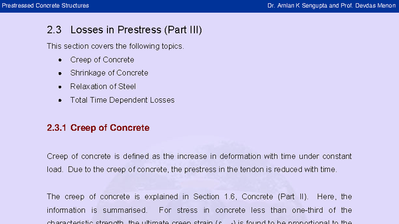 Losses in Prestress of Prestressed Concrete Structures (CE 202) - Studocu