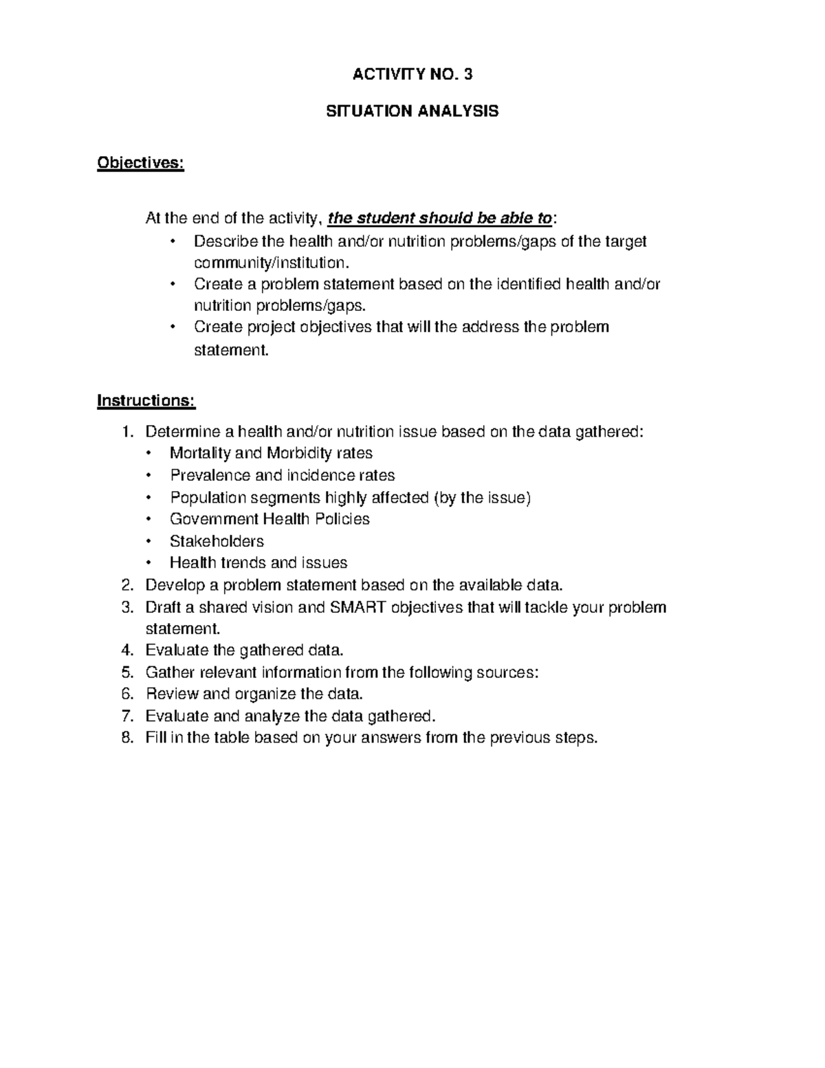 LA 3 - Situational Analysis: Health Nutrition Issues & Objectives - Studocu