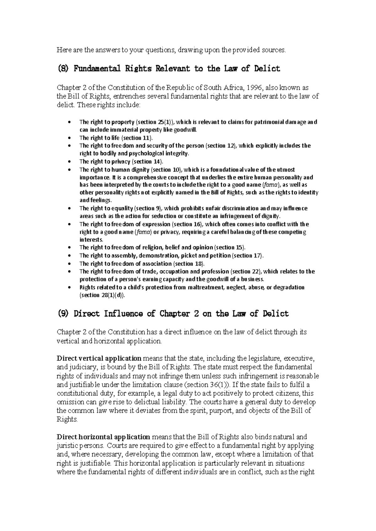 Law of Delict Notes (8) - Fundamental Rights & Chapter 2 Analysis - Studocu