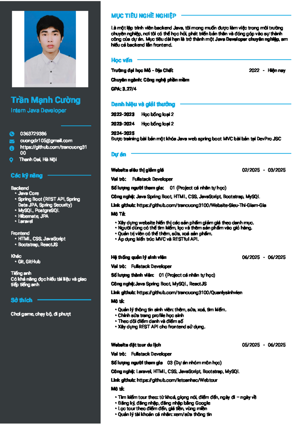 CV Intern Java Developer - Tran Manh Cuong - Studocu