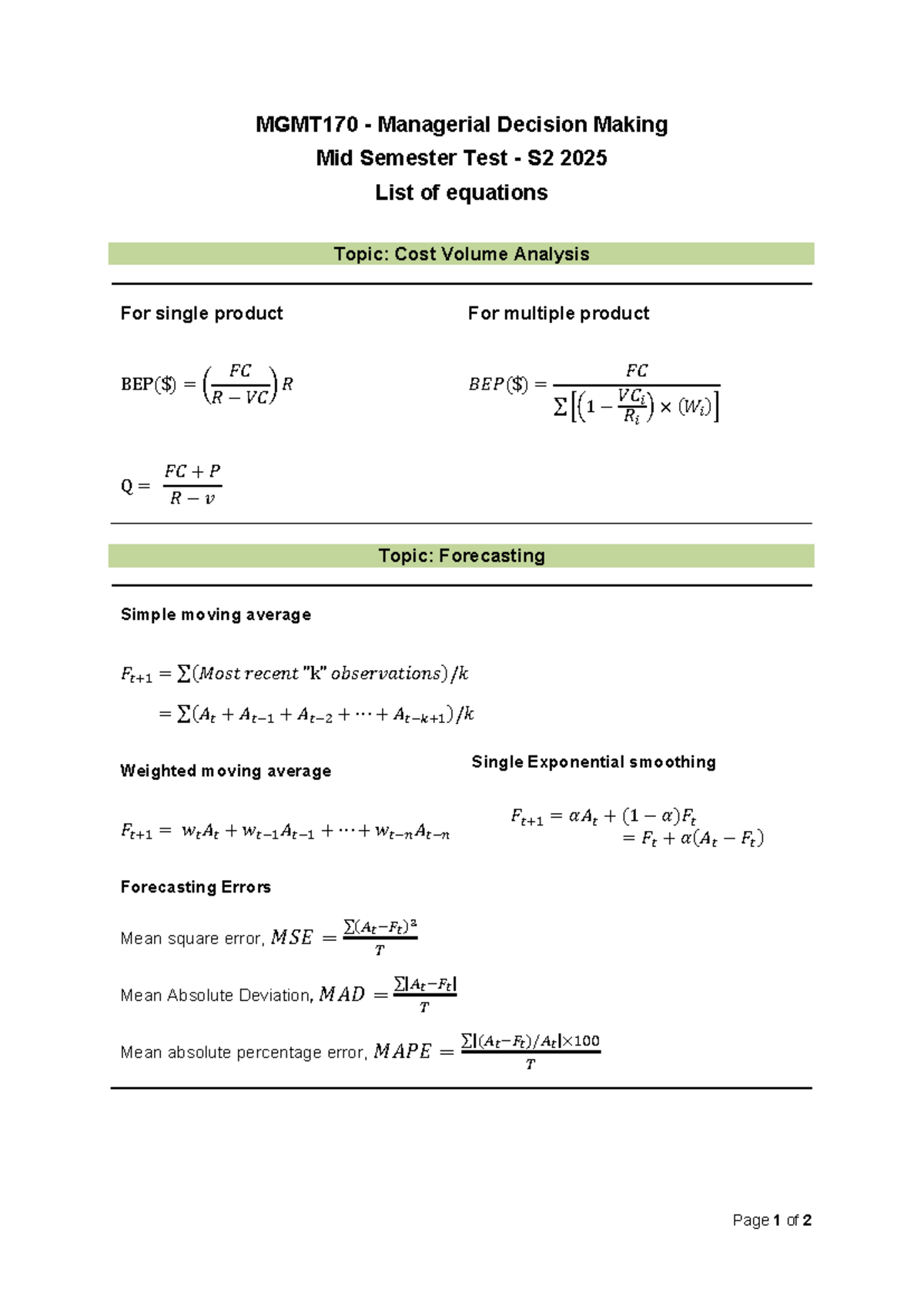 MGMT170 Mid Semester Test S2 2025: Equations & Forecasting Notes - Studocu