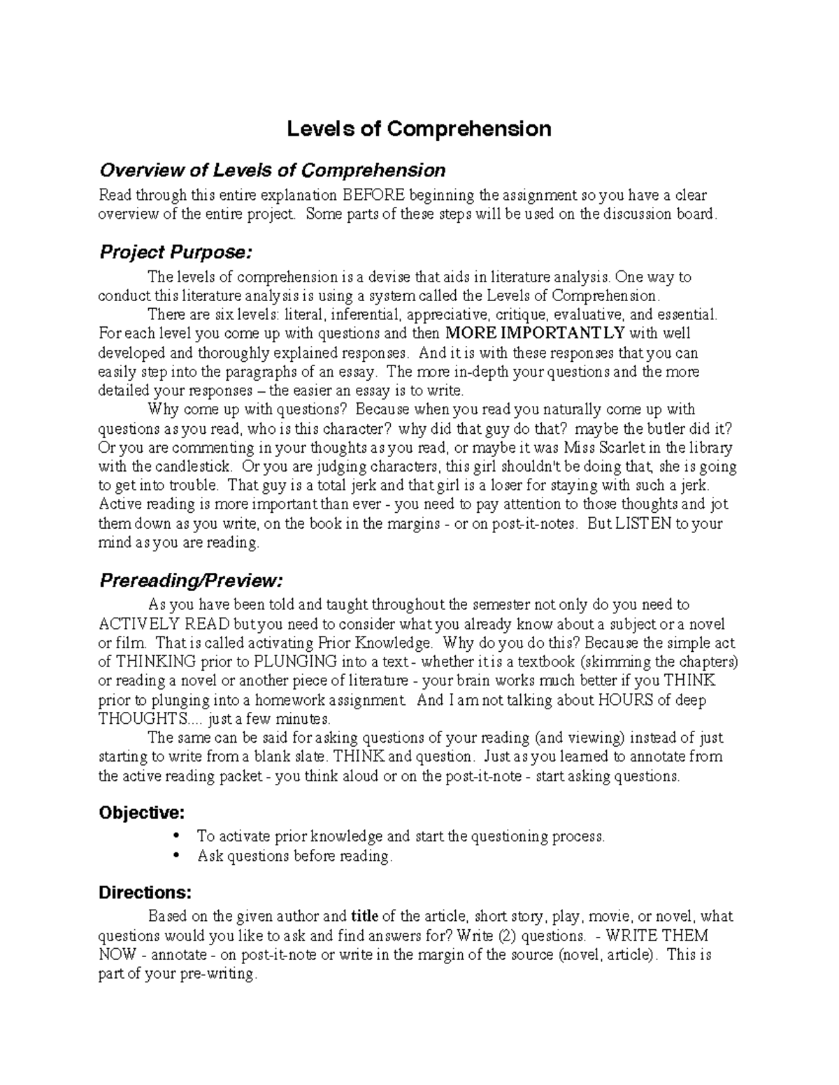 Levelsof Comprehension-Overview-Explain - Levels of Comprehension ...