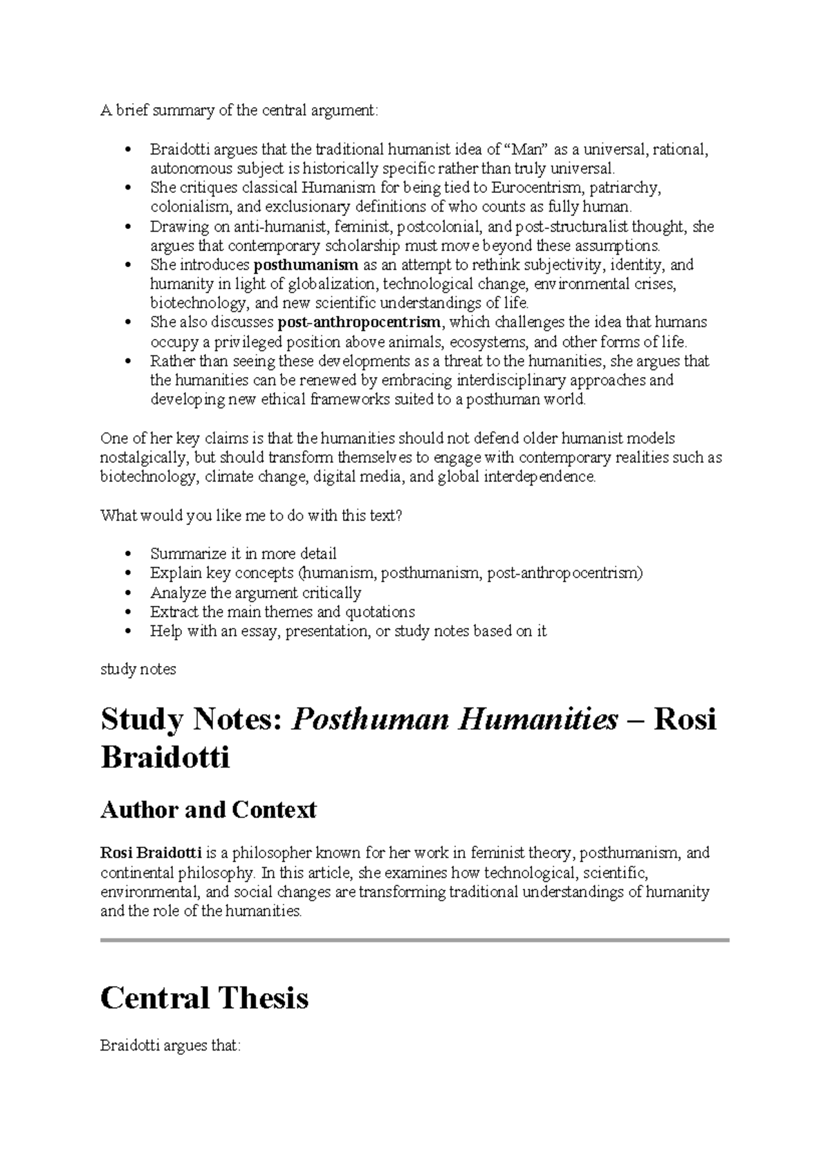 Study Notes: Posthumanism - Rosi Braidotti's Critique of Humanism - Studocu