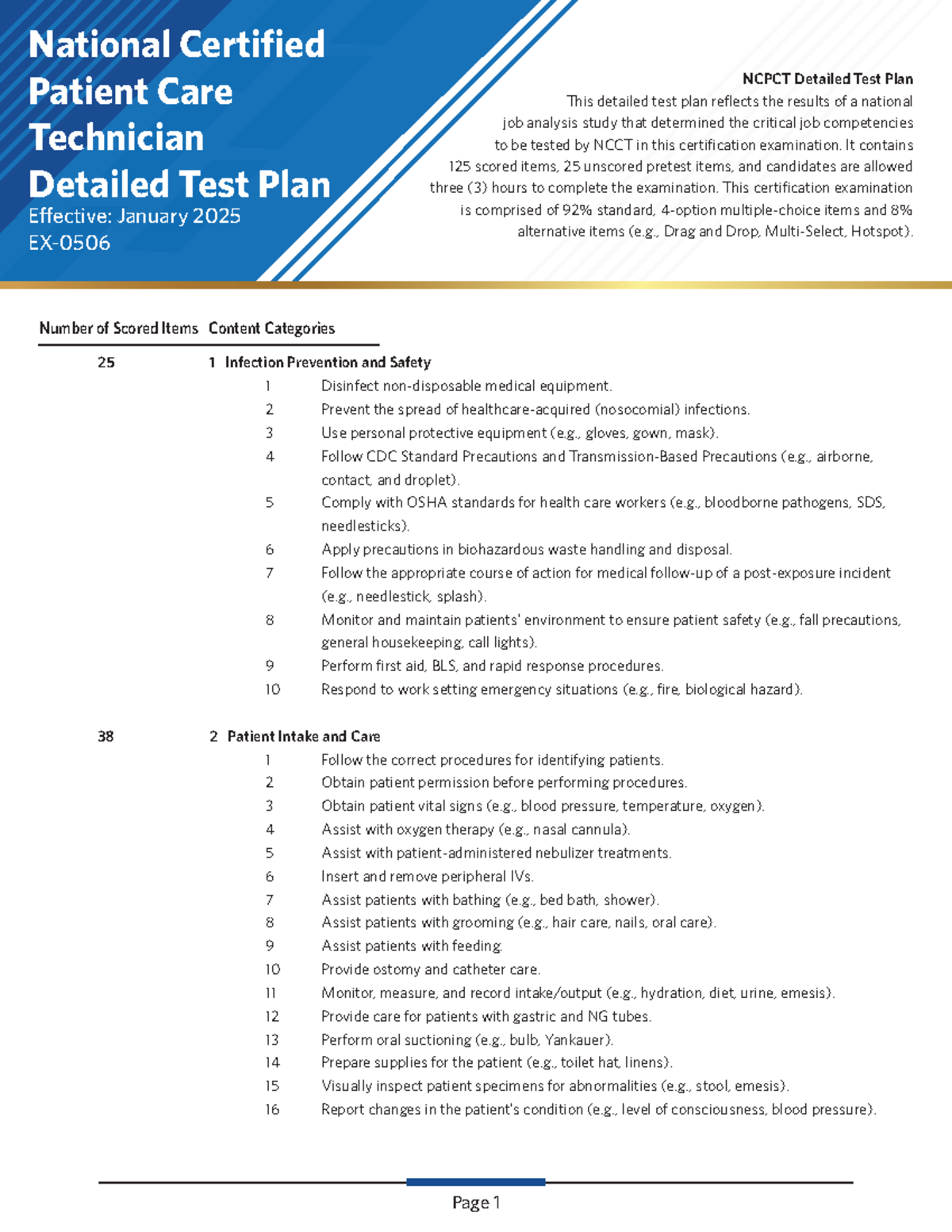 National Certified Patient Care Technician (NCPCT) Exam Test Plan 2025 ...