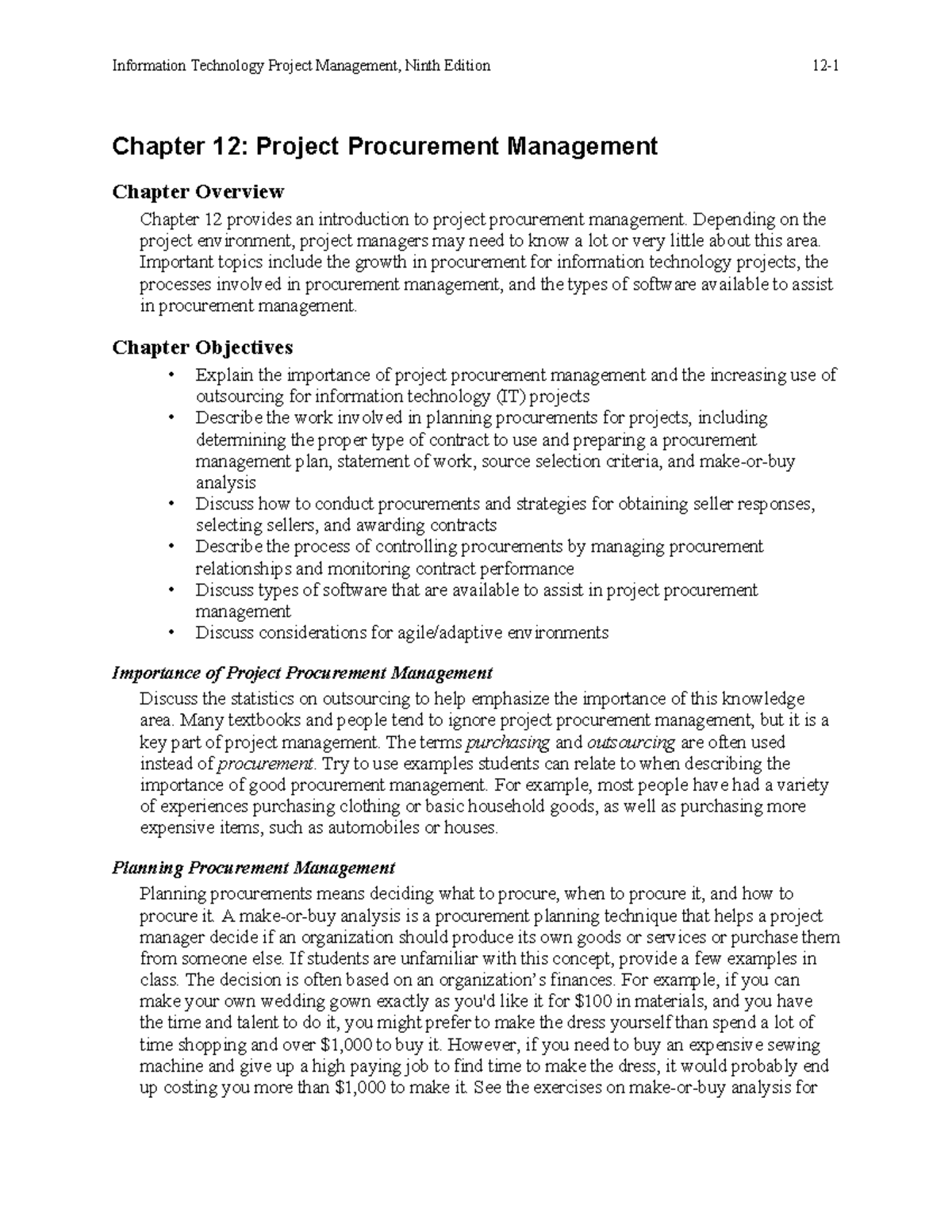 Information Technology Project Management (ITPM) CH12: Procurement ...