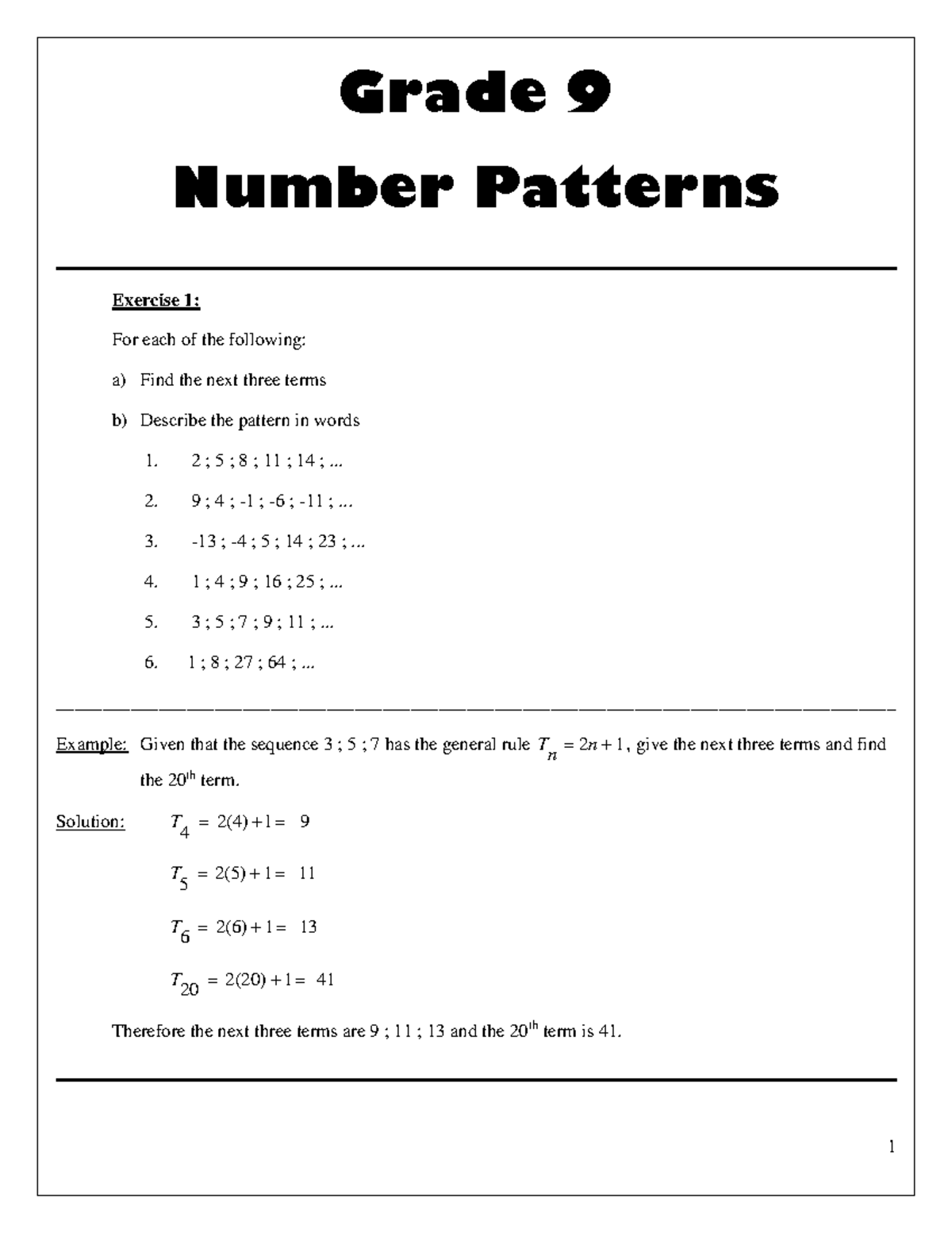 Grade 9 Number Patterns Revision Exercises and Solutions - Studocu
