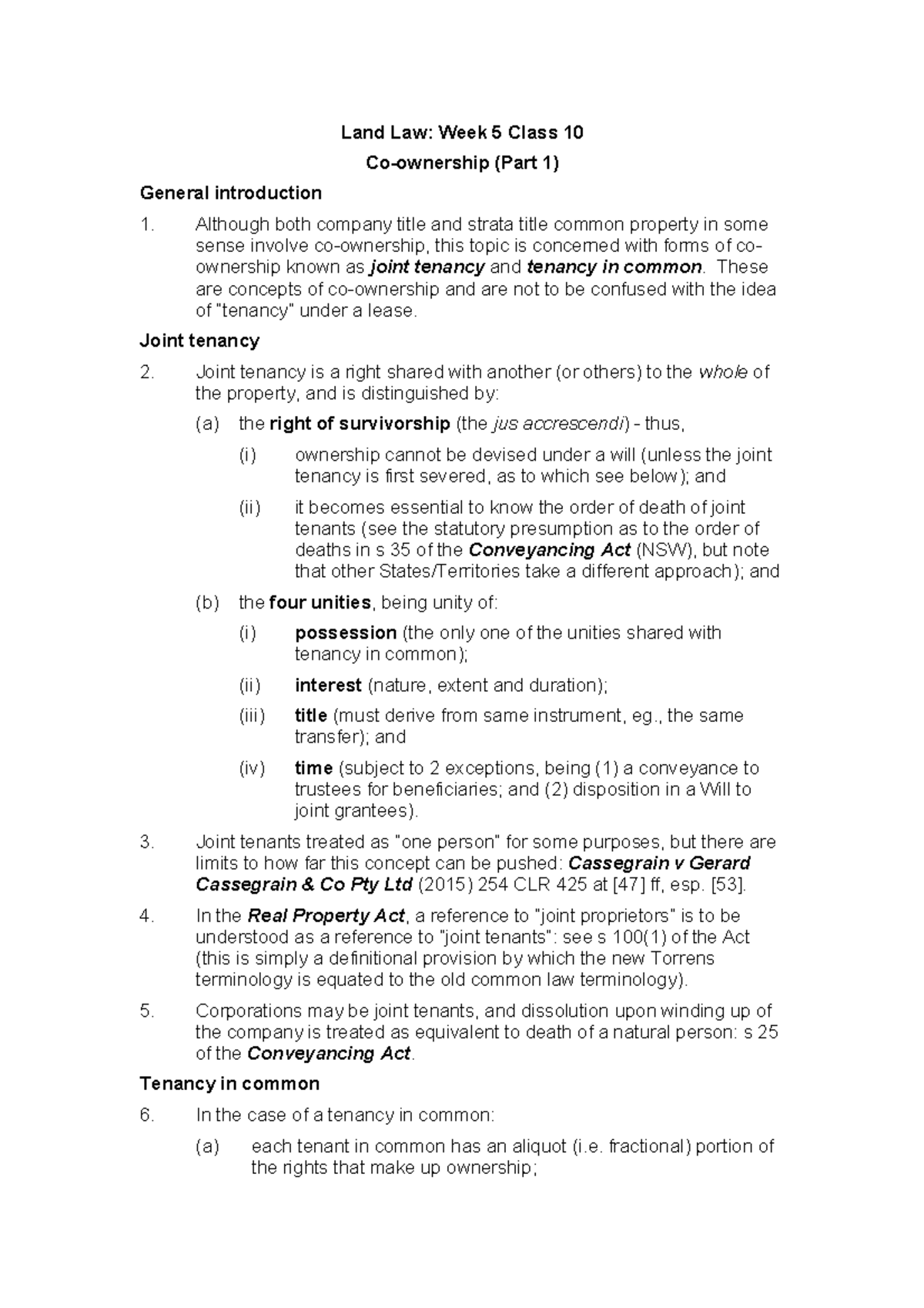 LL T2 2025 Week 5 Class 10: Co-Ownership Concepts in Land Law - Studocu